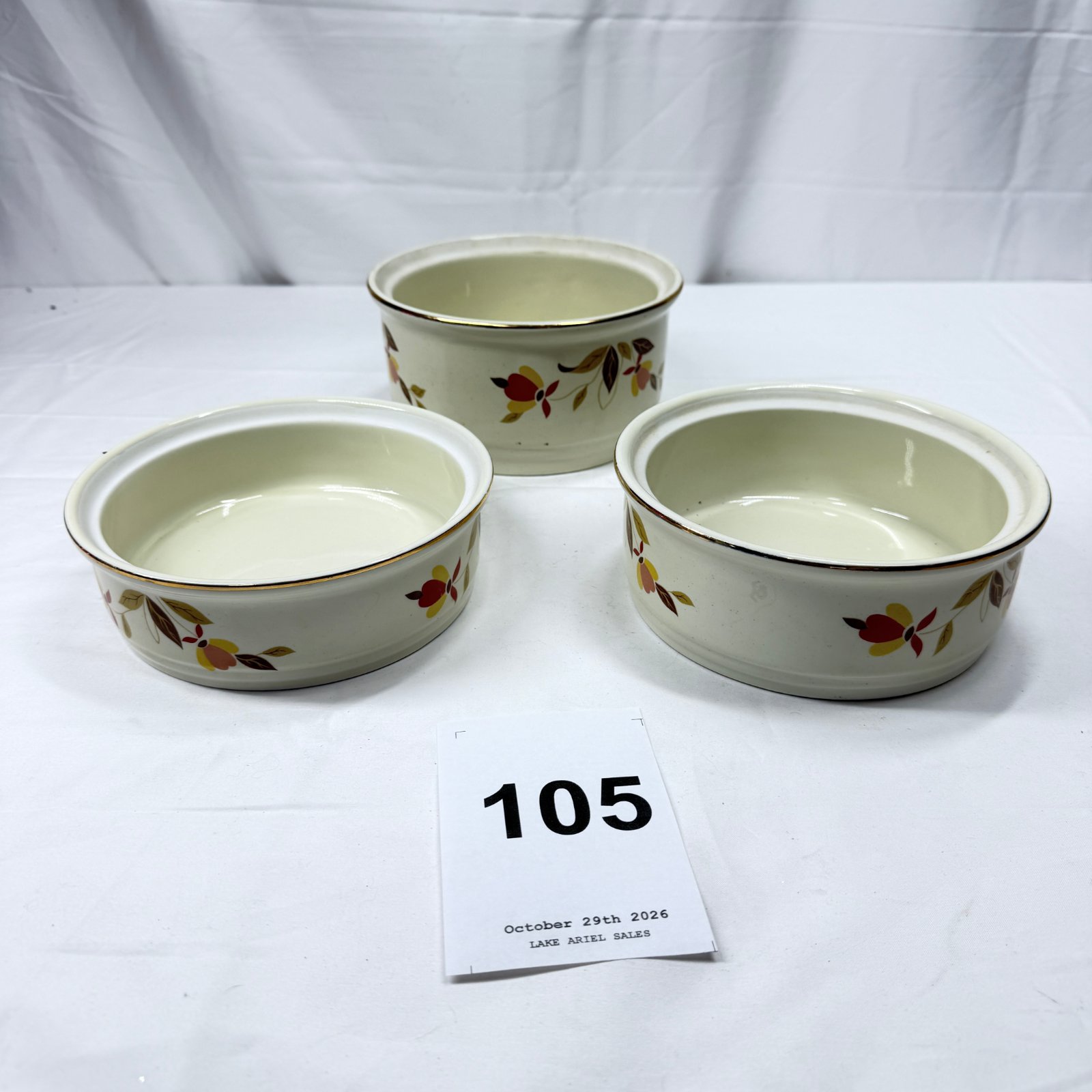 Lot 105: Hall's Superior Quality Kitchenware "Autumn Leaf" stacking refrigerator bowls, set of 3, Jewel Tea pattern