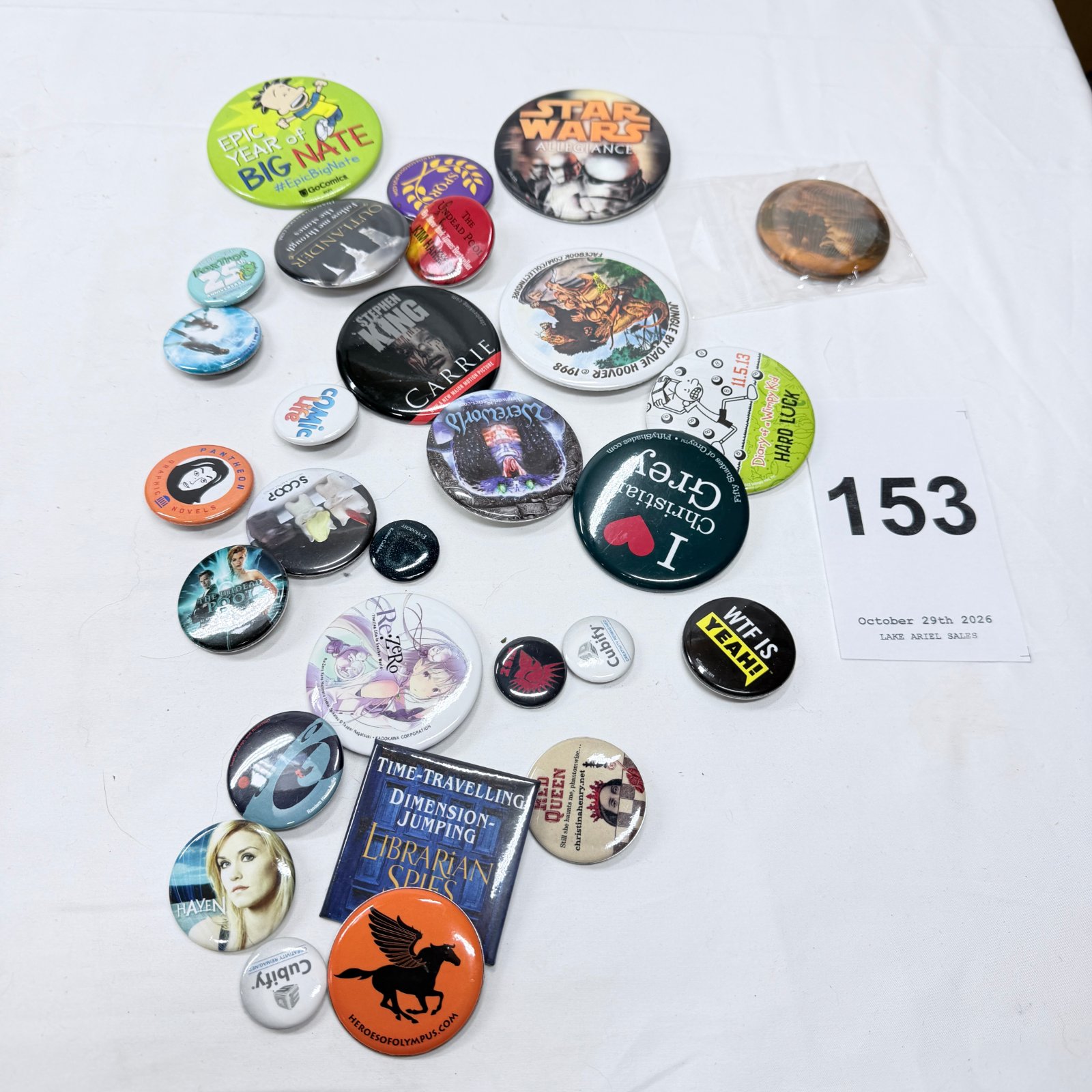 Lot 153: Mixed book/pop culture pinback button collection, Stephen King Carrie, Star Wars Allegiance, Outlander, Fifty Shades of Grey, Diary of a Wimpy Kid, 30+ pieces