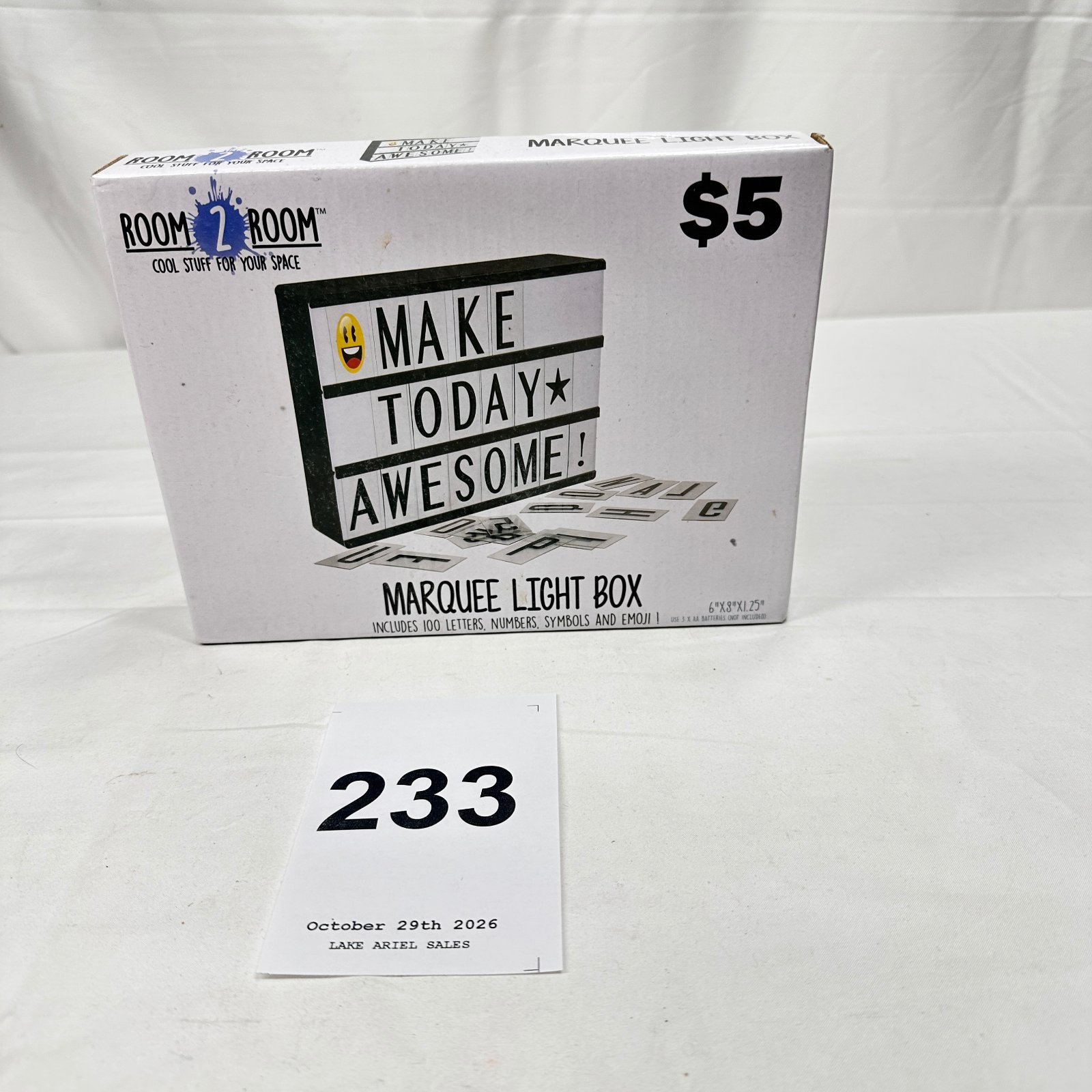 Lot 233: Room 2 Room "Make Today Awesome" Marquee Light Box, includes 100 letters, numbers, symbols and emoji, 6"x8"x1.25