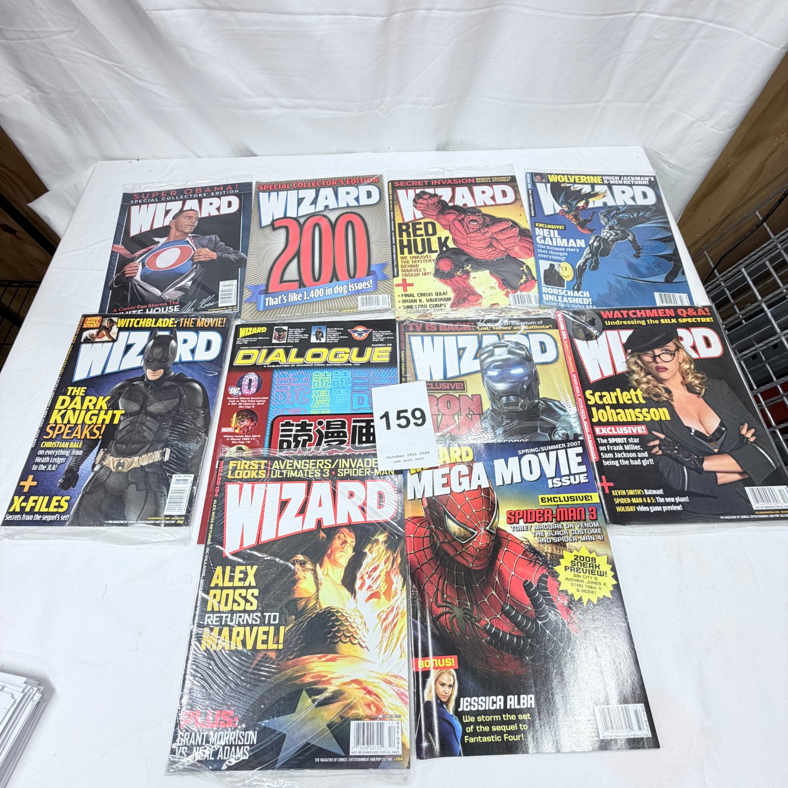Lot 159: 2000s Wizard Magazine lot of 10, including Wizard 200, Mega Movie Issue, Dark Knight, and Scarlett Johansson covers
