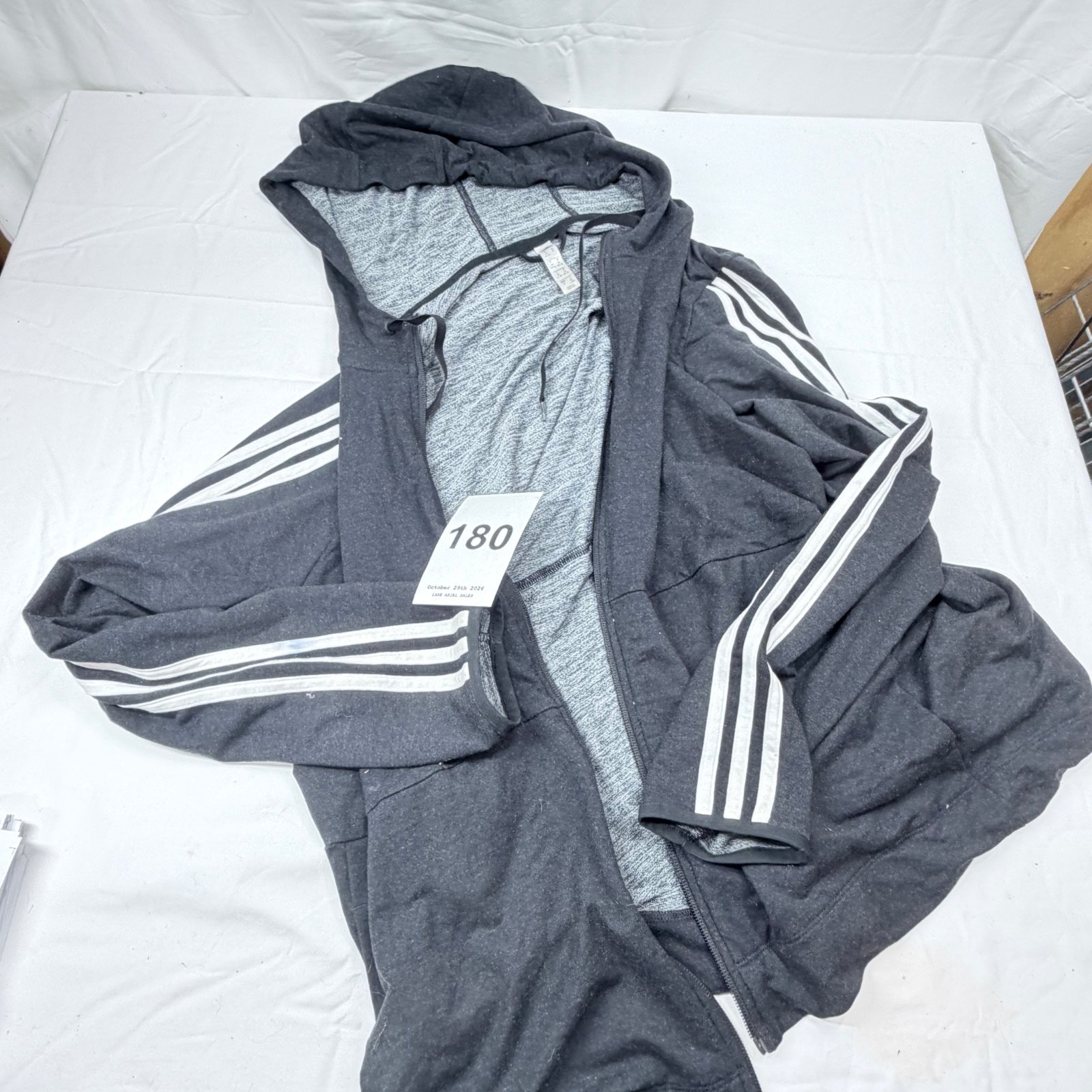 Lot 180: Adidas 3-Stripes full-zip hooded tracksuit jacket, grey, UK size 2X