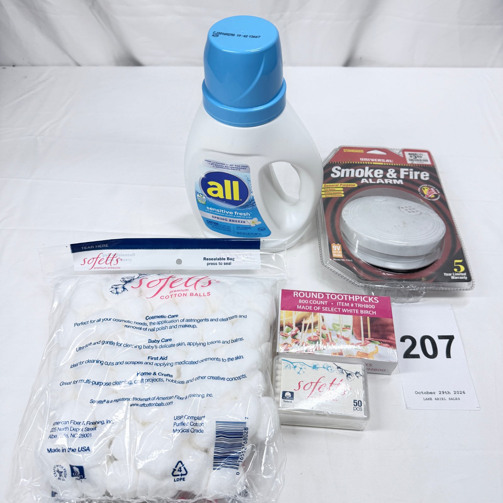 Lot 207: Household lot: all Sensitive Fresh laundry detergent, Universal Smoke & Fire Alarm, Sofetts cotton balls/rounds, round toothpicks 800ct