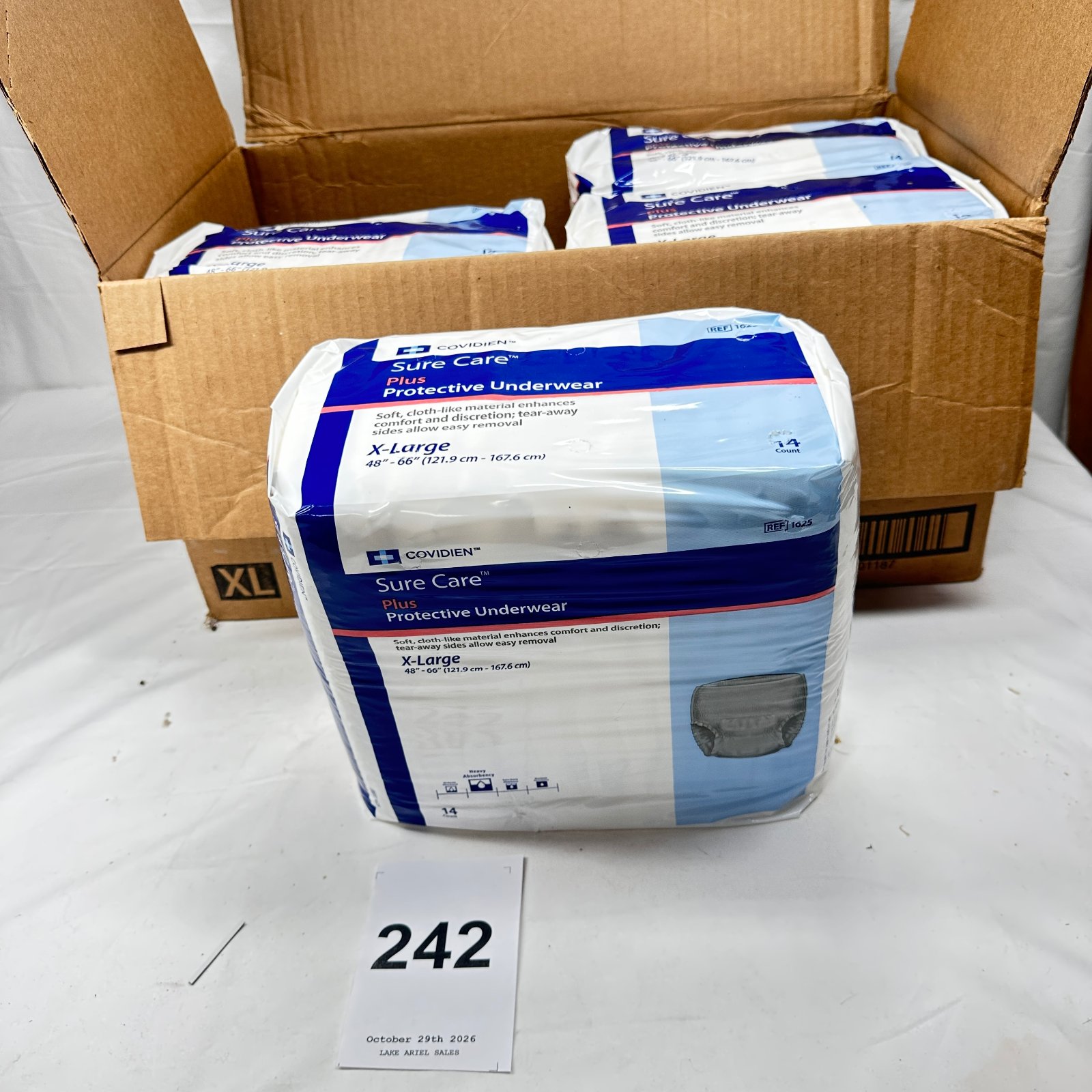 Lot 242: Covidien Sure Care Plus Protective Underwear, X-Large, Heavy Absorbency, 14-Count packs, case of 4 (REF 1625)