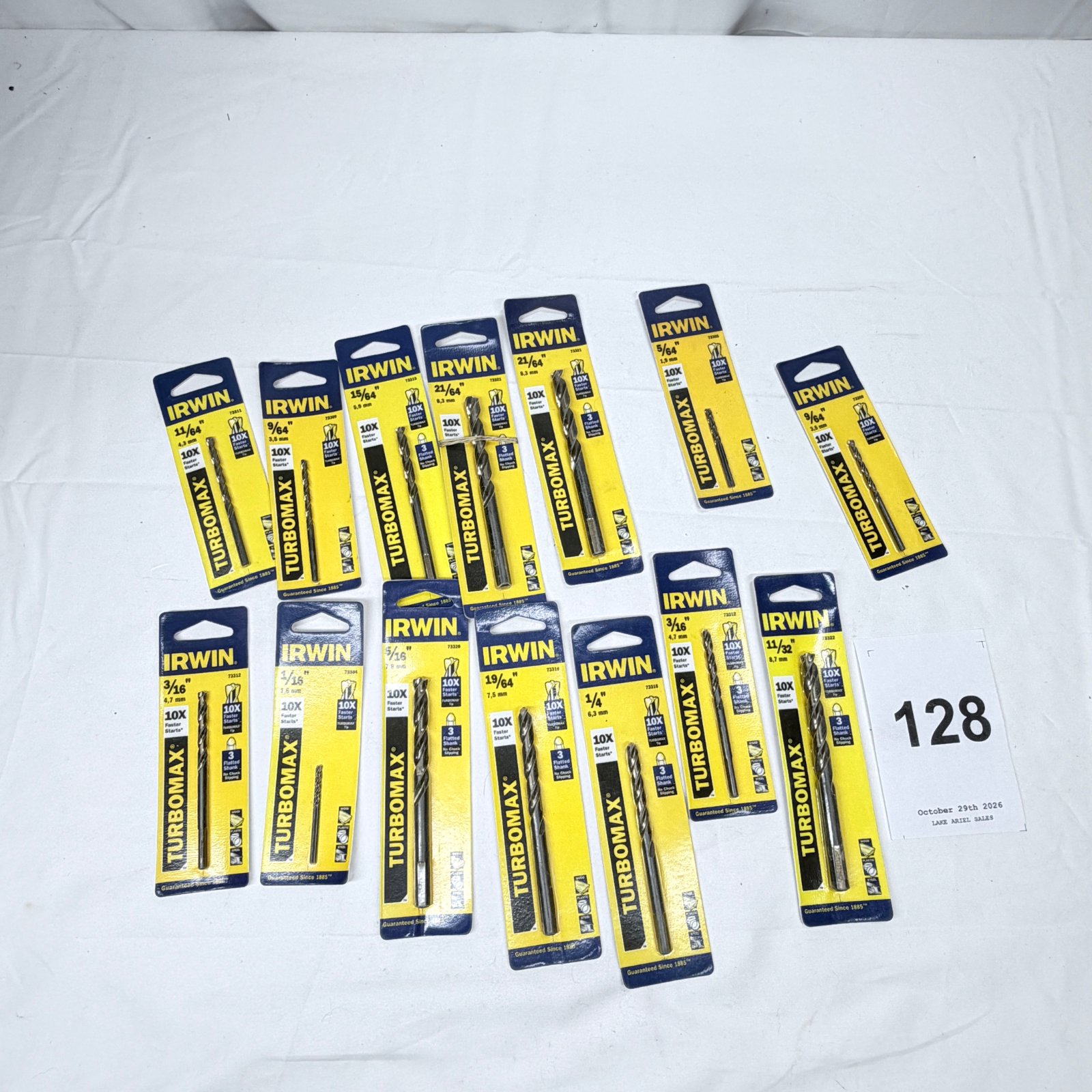 Lot 128: Irwin Turbomax 10X drill bit lot, 14 pieces assorted fractional sizes 1/16"-21/64", 3-flatted shank