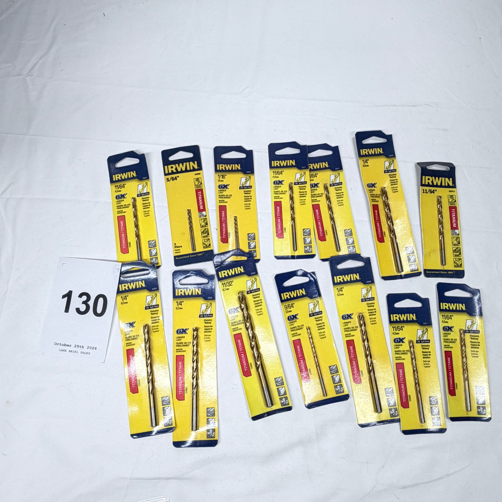 Lot 130: Irwin Titanium 6X Drill Bit Lot, 14-piece assorted sizes (5/64" to 11/32"), 135° Split Point