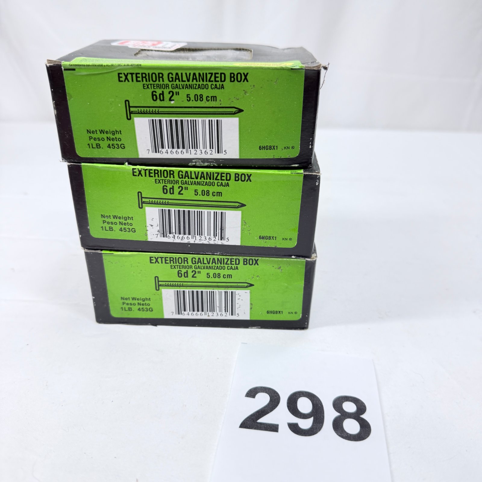 Lot 298: Grip Rite 6d 2" Exterior Galvanized Box nails, lot of 3 boxes, 1 lb each, model 6HGBX1