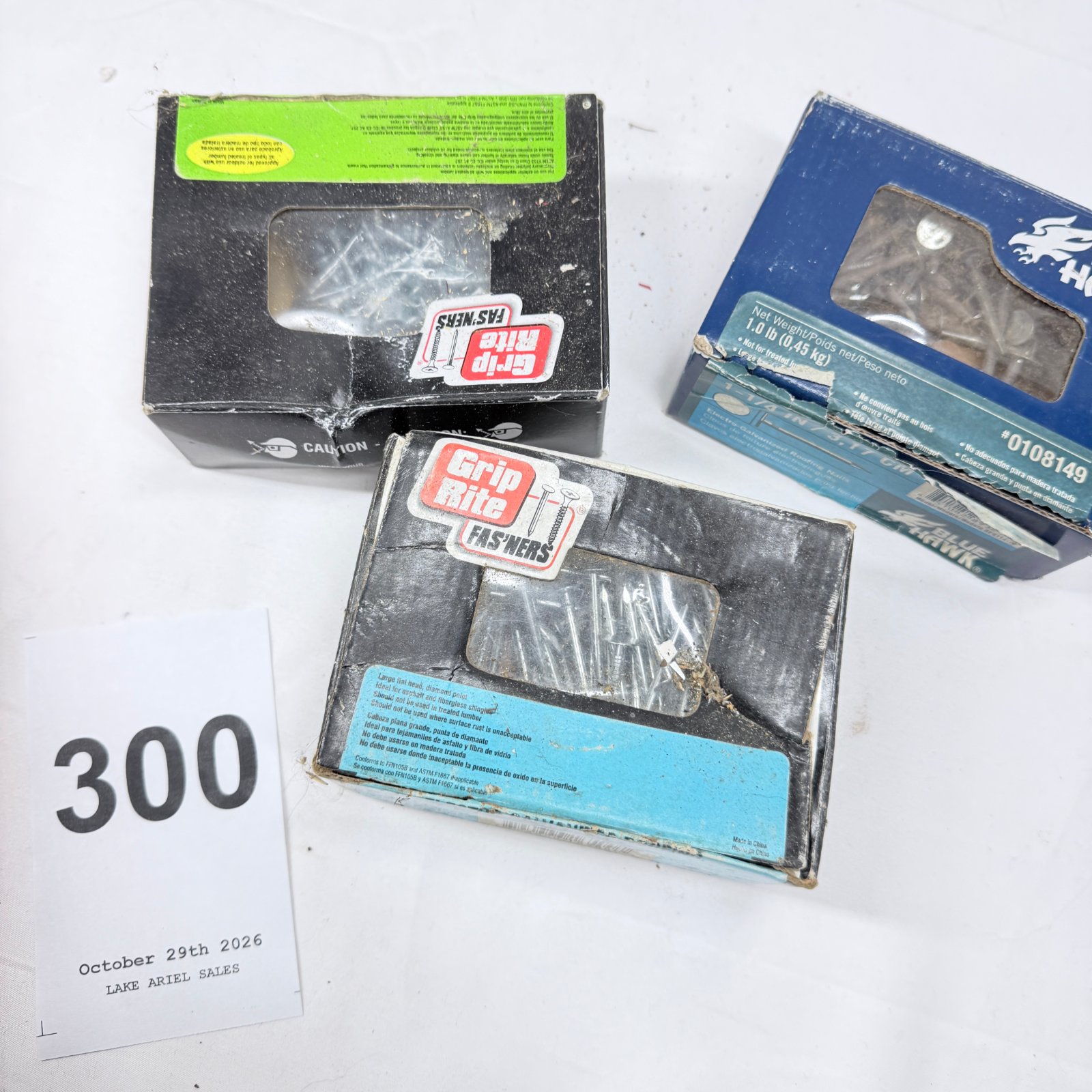 Lot 300: Grip Rite & Blue Hawk roofing nails lot, 6d 2" Exterior Galvanized Box, 2" Electro Galvanized, 1-1/4" Electro-Galvanized Roofing Nails