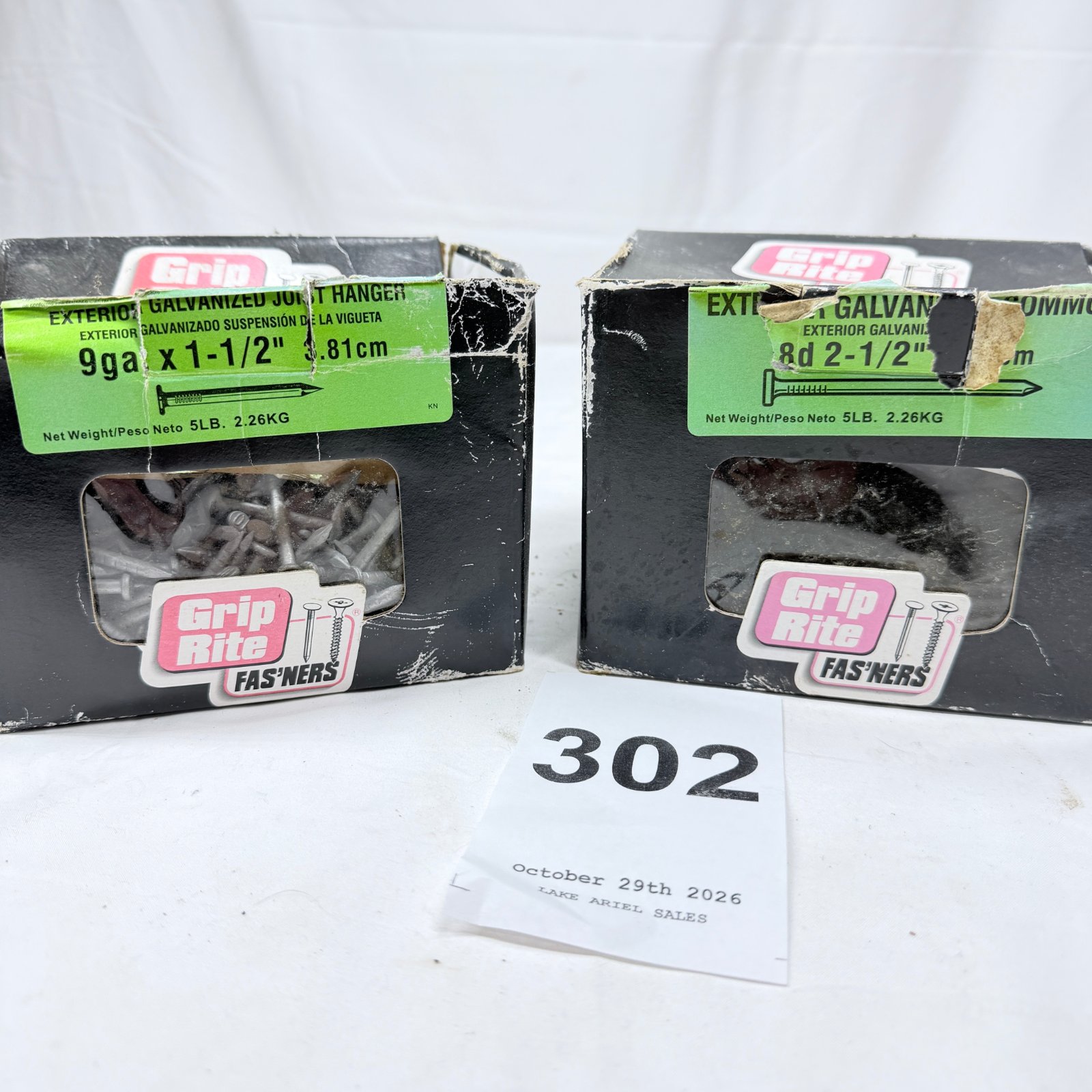 Lot 302: Grip Rite Fas'ners exterior galvanized nails, Joint Hanger 9ga x 1-1/2" and 8d 2-1/2"