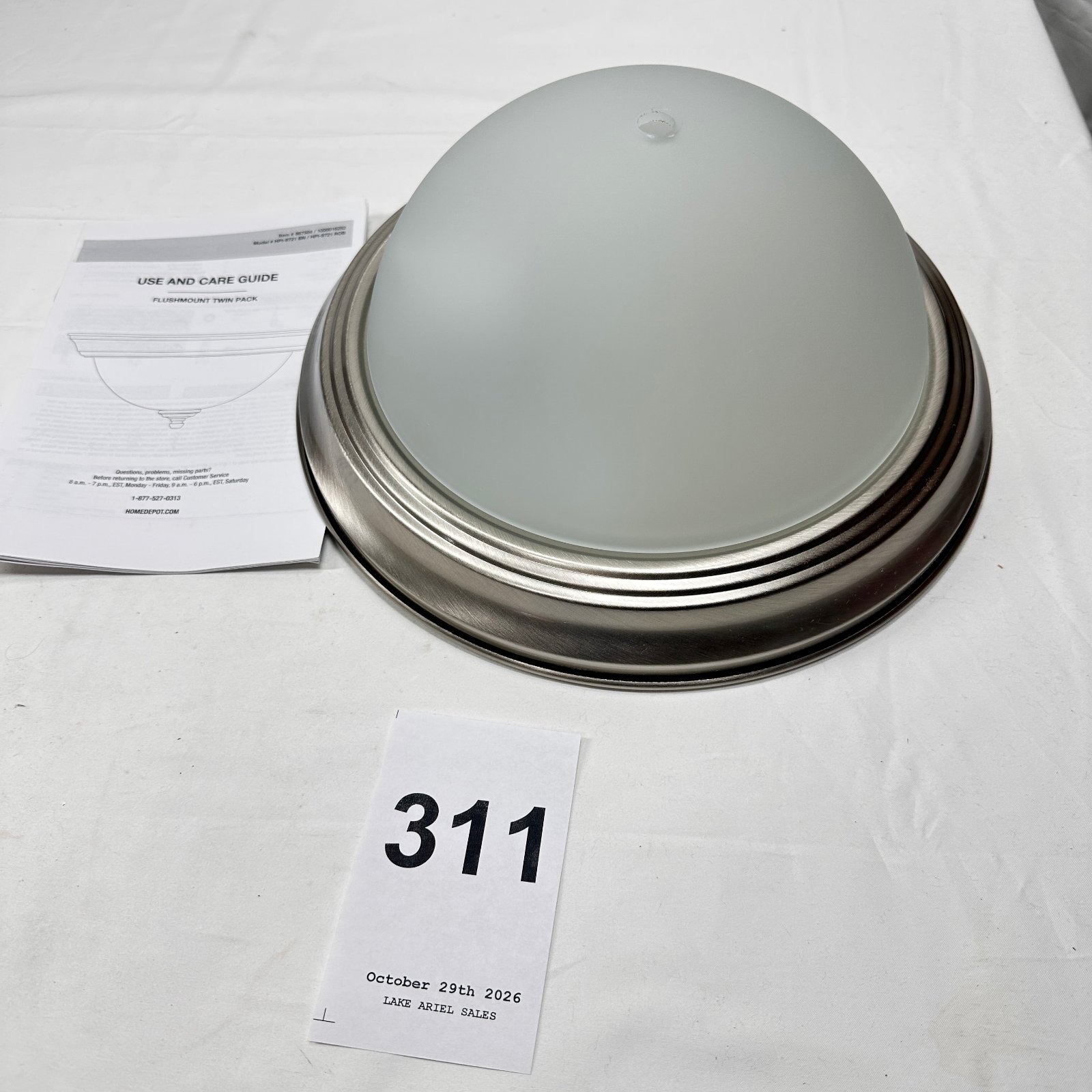 Lot 311: Home Depot HPI-9721 BN Flushmount ceiling light, brushed nickel frosted glass dome fixture