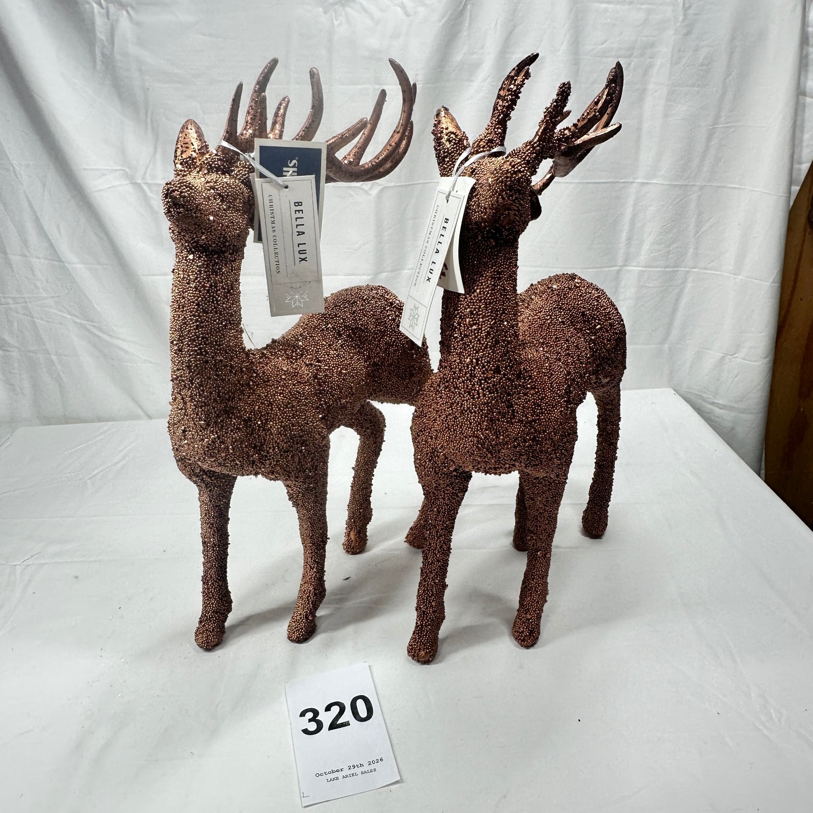 Lot 320: Bella Lux Christmas Collection beaded glitter standing deer figurines, pair with antlers