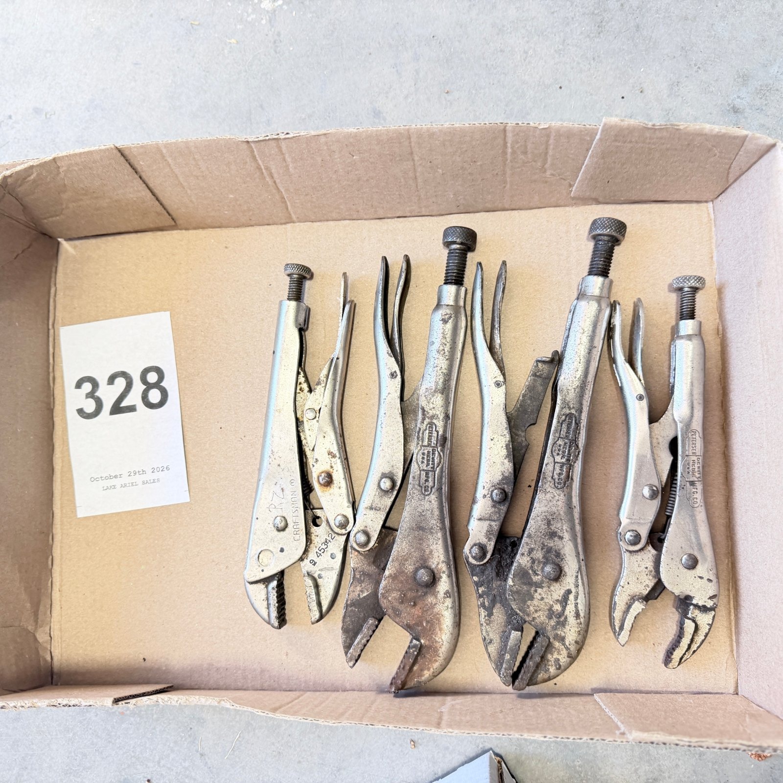 Lot 328: Craftsman, Petersen DeWitt Nebr. Mfg. Co. locking pliers lot, 5 assorted curved & long nose vise grips