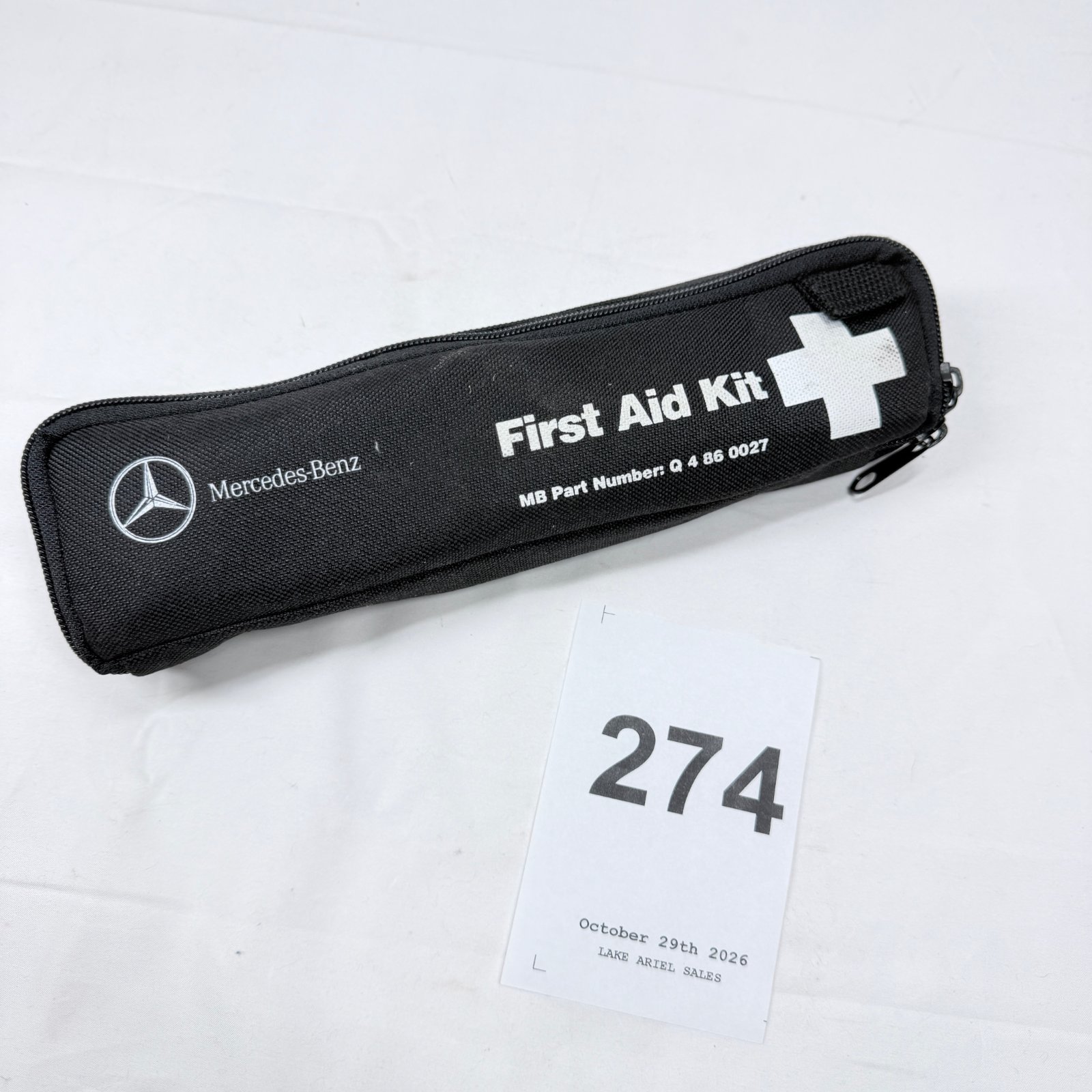 Lot 274: Mercedes-Benz First Aid Kit, MB Part Number Q 4 86 0027, zippered car emergency pouch