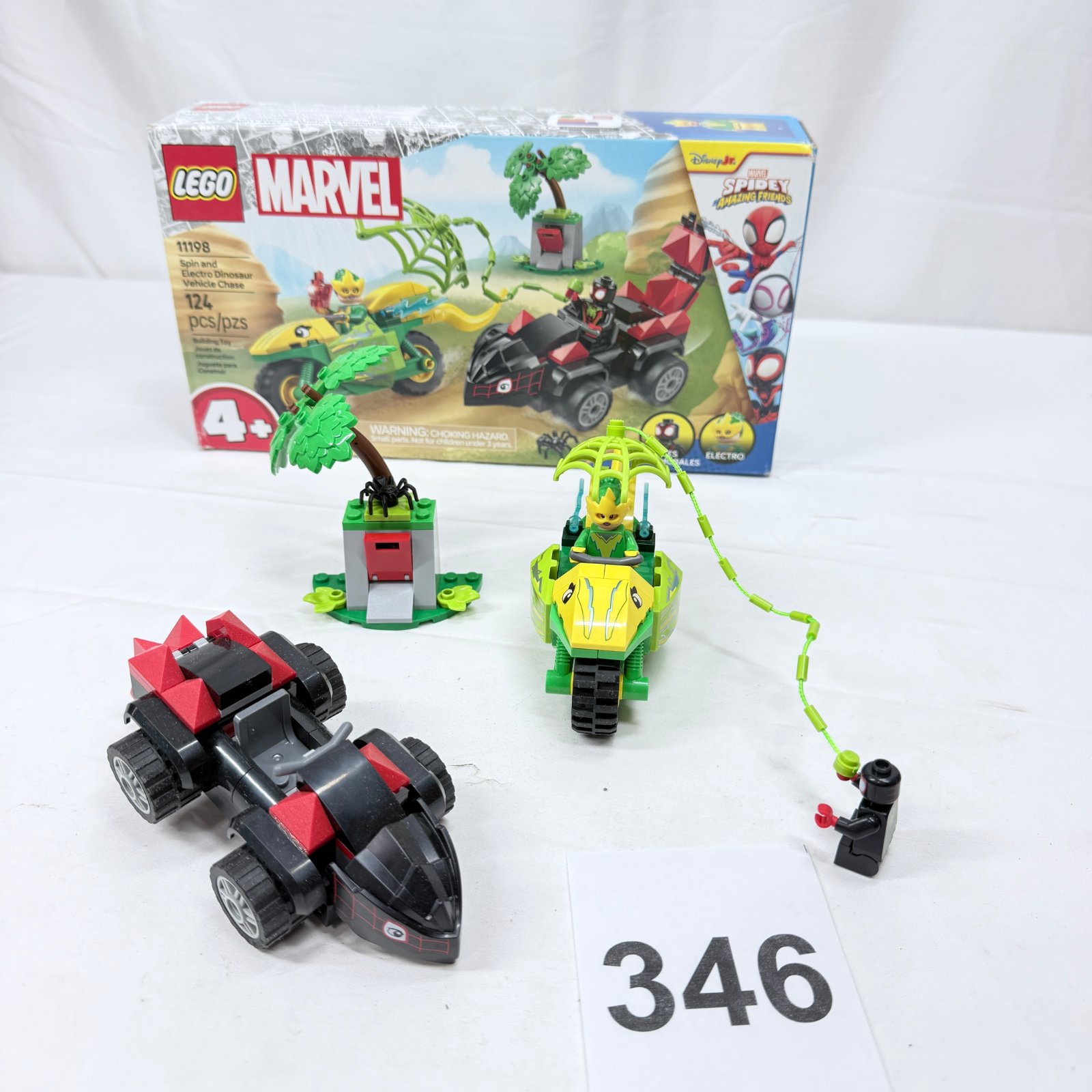 Lot 346: LEGO Marvel Spidey and His Amazing Friends 11198 "Spin and Electro Dinosaur Vehicle Chase" building set, 124 pcs