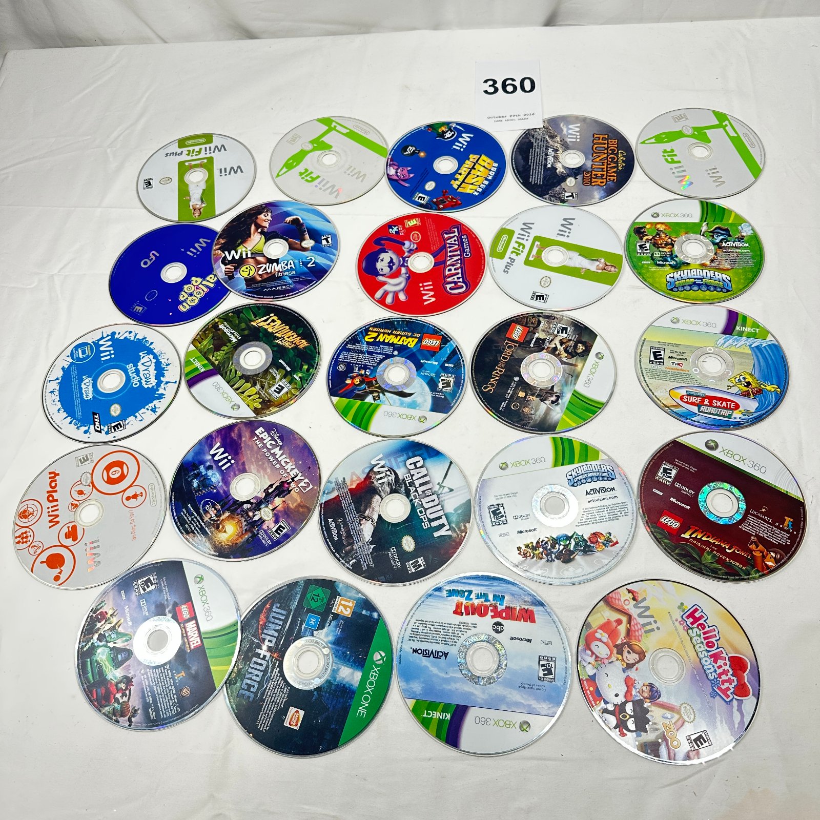 Lot 360: Lot of 23 Wii/Xbox 360/Xbox One game discs, inc. Call of Duty Black Ops, LEGO Lord of the Rings, Skylanders, Epic Mickey 2 (discs only, no cases)