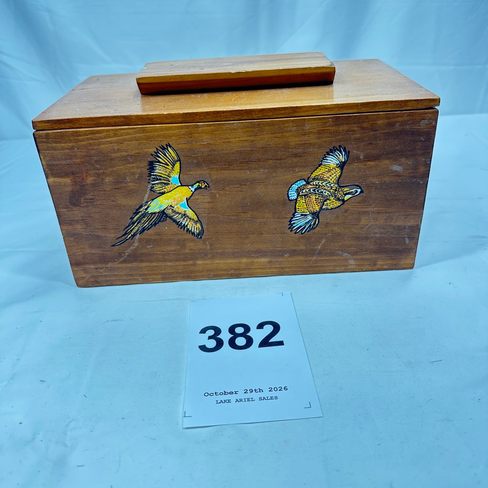Lot 382: Wooden lid box with pheasant decal design