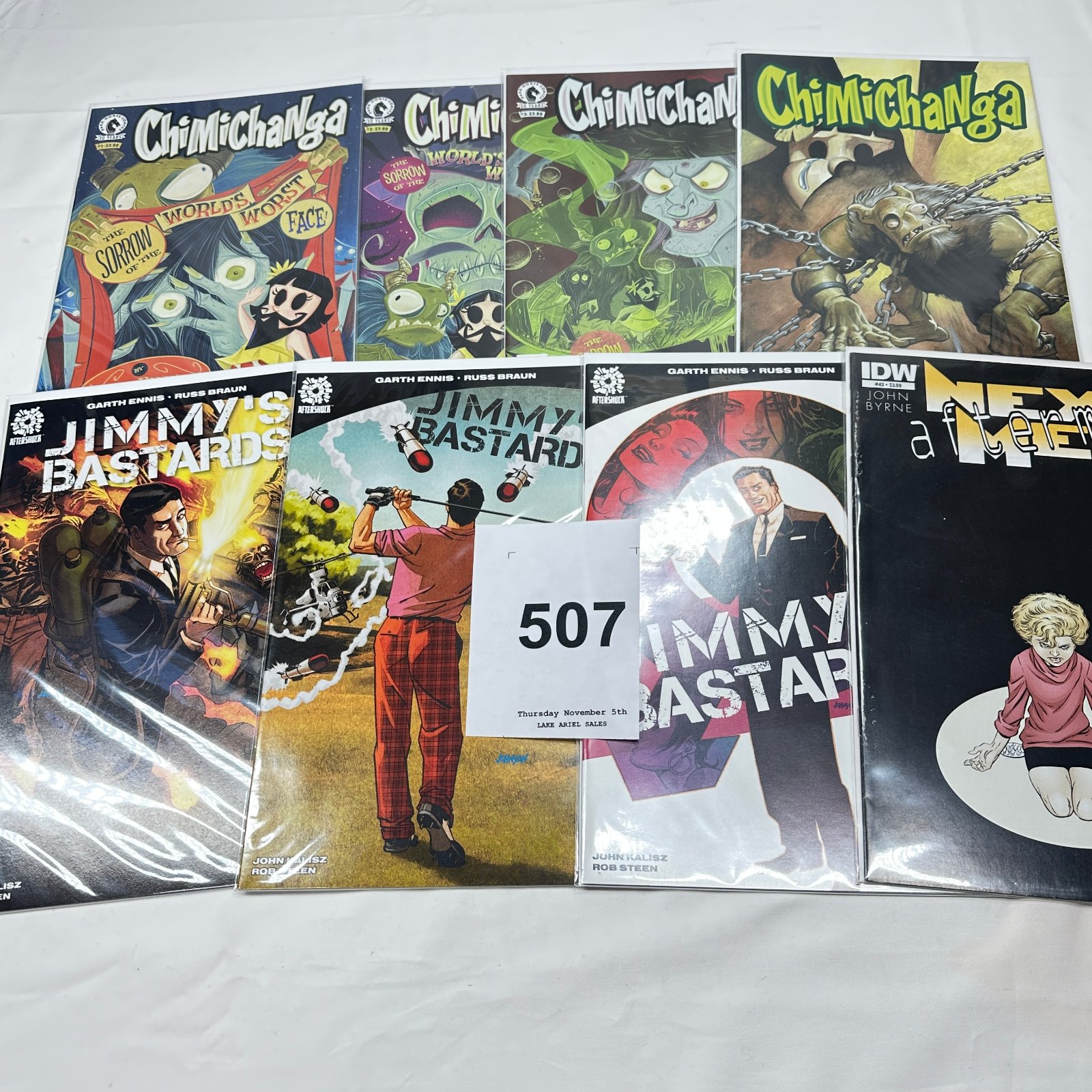 Lot 507: Comic lot: Chimichanga #1-3 (Dark Horse, Eric Powell/Buscema) + "Jimmy's Bastards" #1-3 (AfterShock, Garth Ennis) + IDW "Next Men: Aftermath" #43