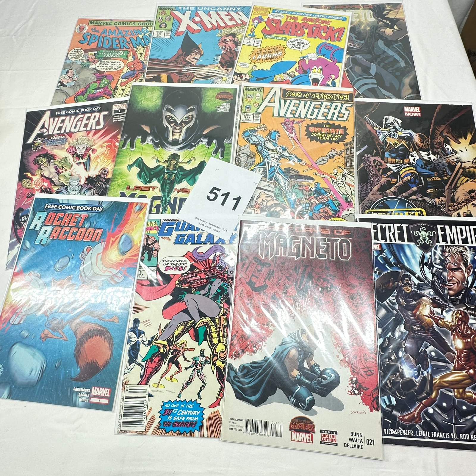 Lot 511: Marvel Comics lot of 13: Amazing Spider-Man, Uncanny X-Men #222, Avengers #313, Secret Empire #4, Last Days of Magneto, Rocket Raccoon