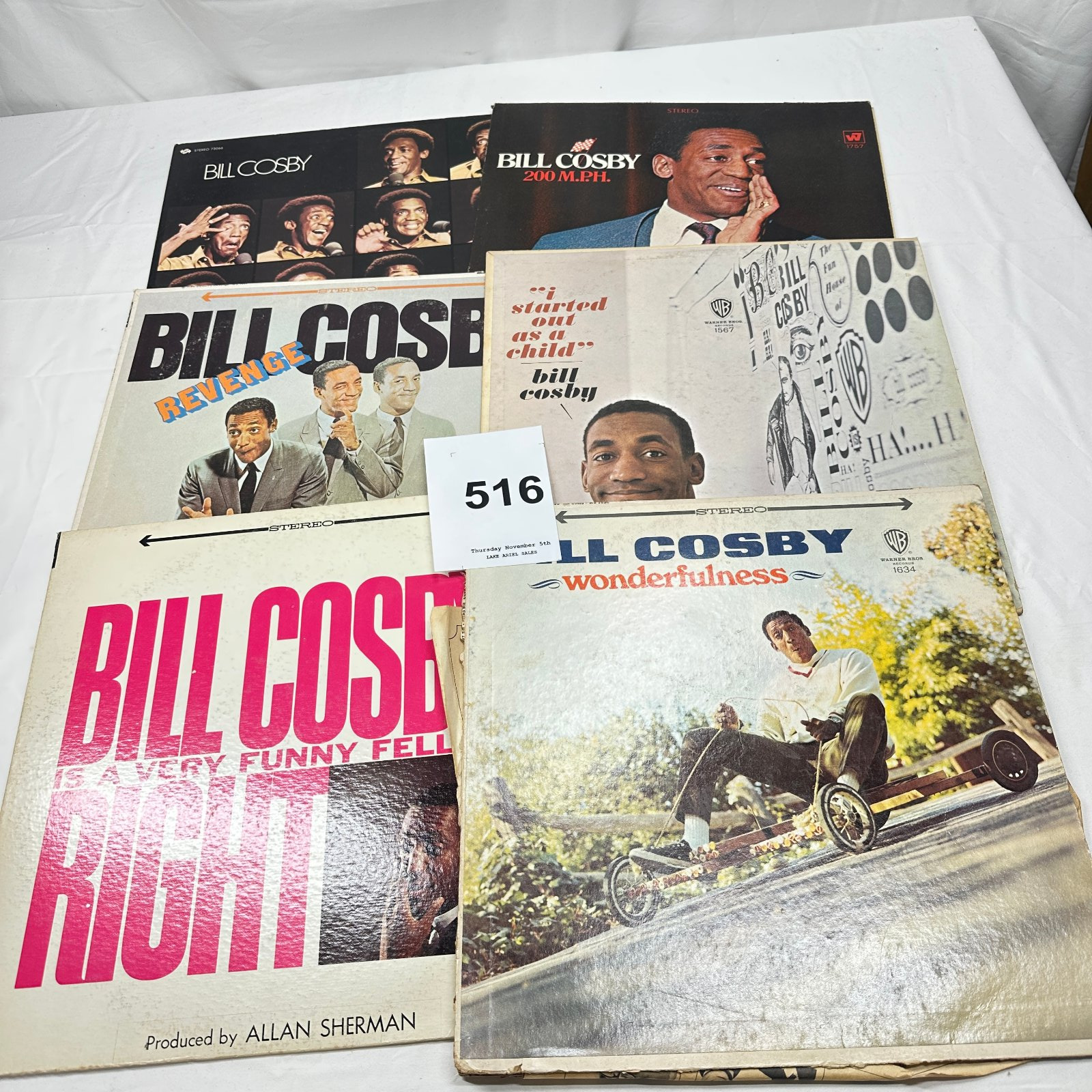 Lot 516: 1960s-70s Bill Cosby comedy LP collection, Warner Bros Records, 6 vinyl albums incl. "Wonderfulness" & "Revenge