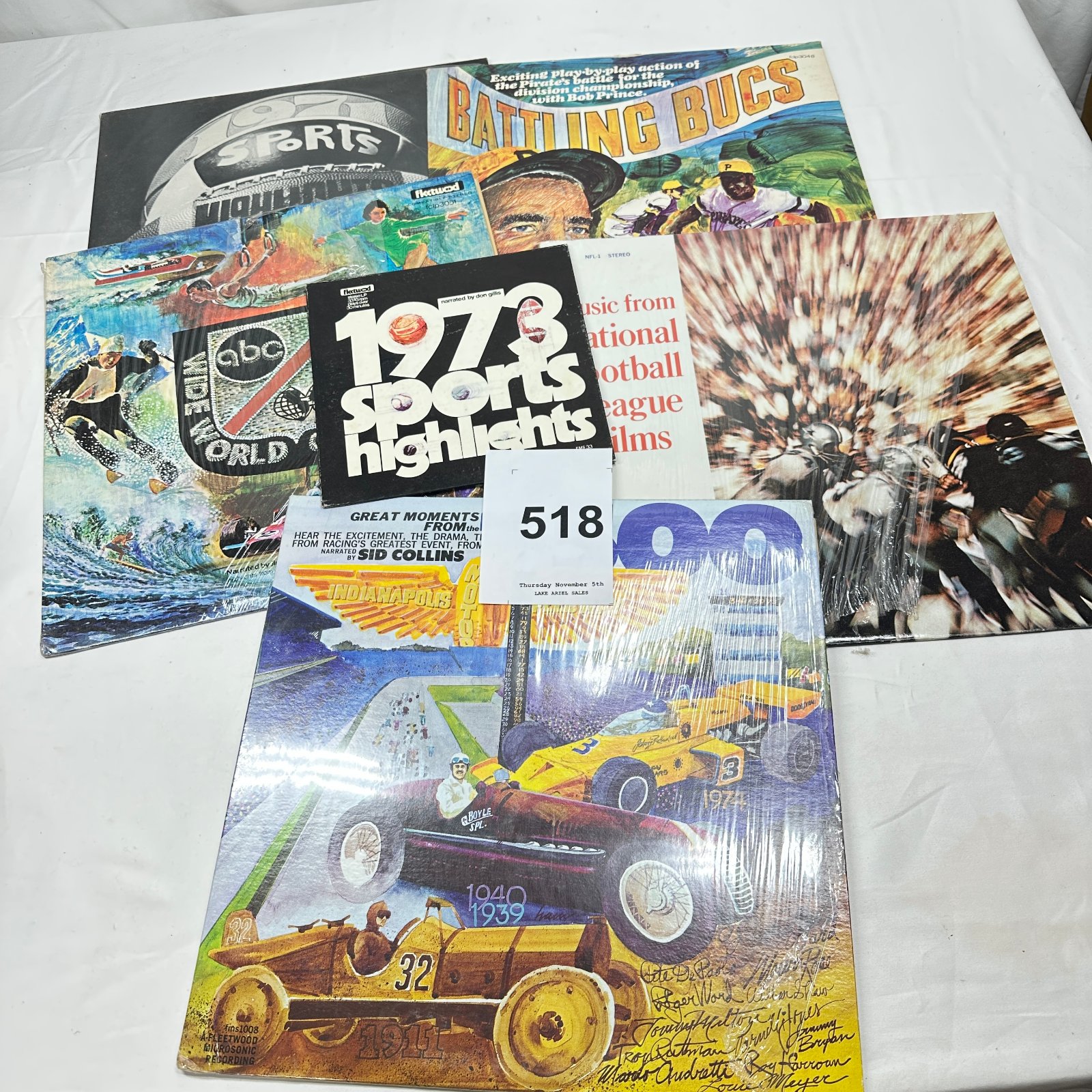 Lot 518: 1970s Fleetwood Records sports LP lot: Indy 500, NFL Films, 1973 Sports Highlights, Battling Bucs, ABC Wide World of Sports