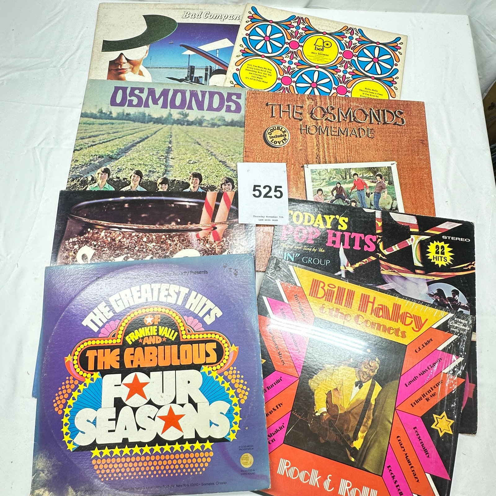 Lot 525: 1970s Vinyl LP Collection: Osmonds, Bad Company, Bill Haley, Frankie Valli & Four Seasons, Rock & Roll Hits, 9 Records