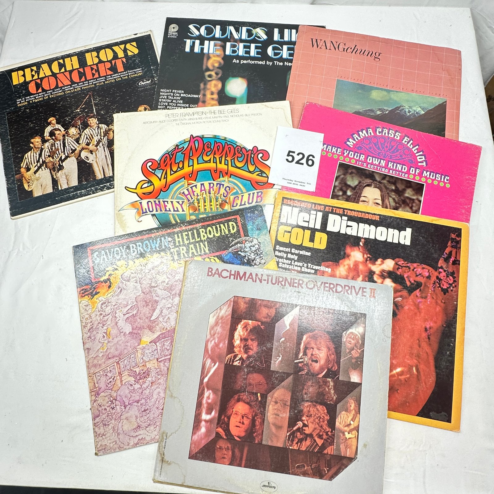 Lot 526: Vinyl LP collection lot: Beach Boys, Bee Gees, Wang Chung, Beatles "Sgt. Pepper's" soundtrack, Mama Cass, Neil Diamond, Savoy Brown, BTO II