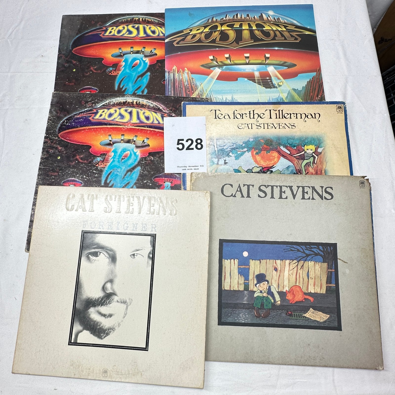 Lot 528: Vinyl LP collection: Boston (3x self-titled) & Cat Stevens (Tea for the Tillerman, untitled cat/boy cover, Foreigner), A&M Records (Cat Stevens only)