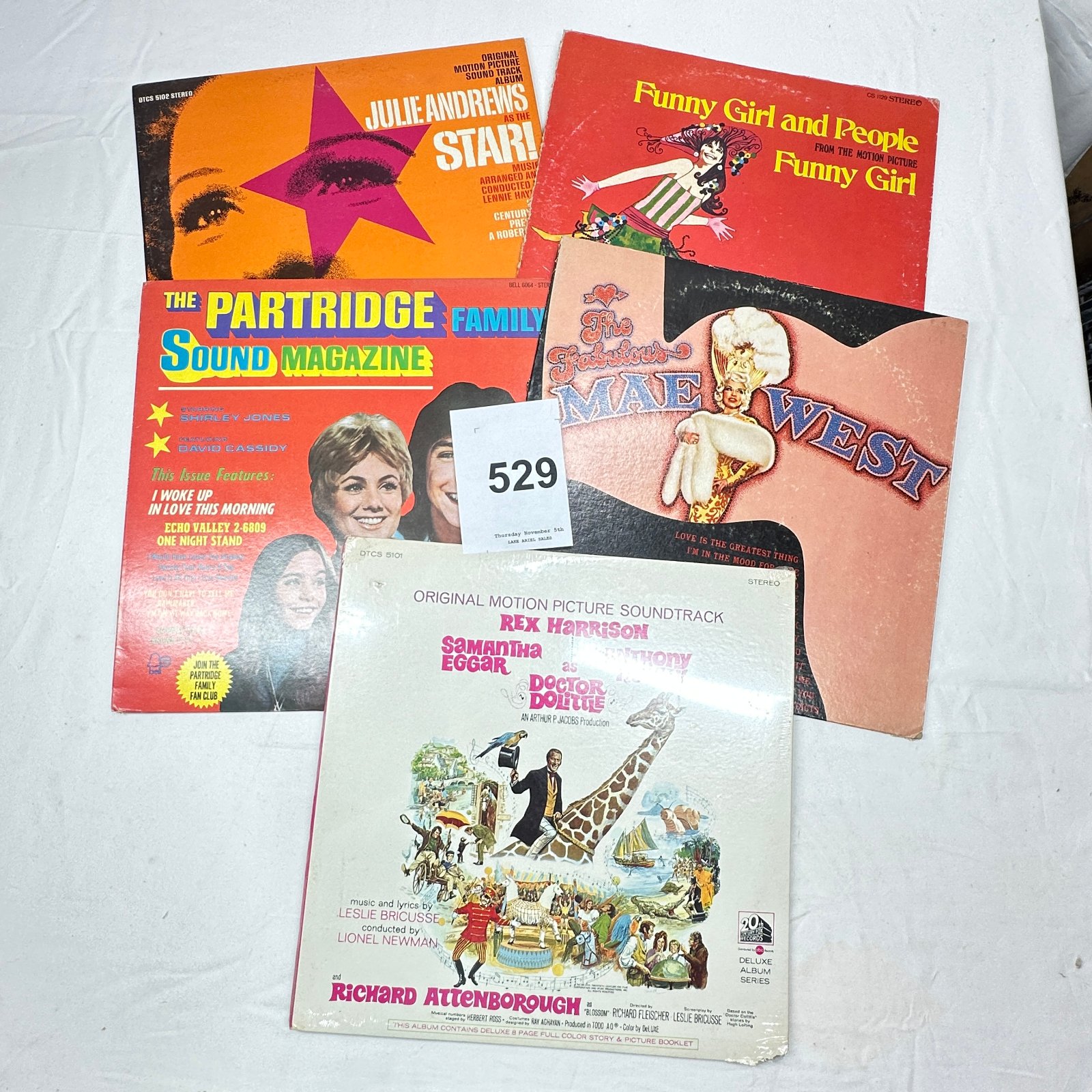 Lot 529: Lot of 5 soundtrack/TV LPs: Doctor Dolittle, Star!, Funny Girl, Mae West, Partridge Family Sound Magazine