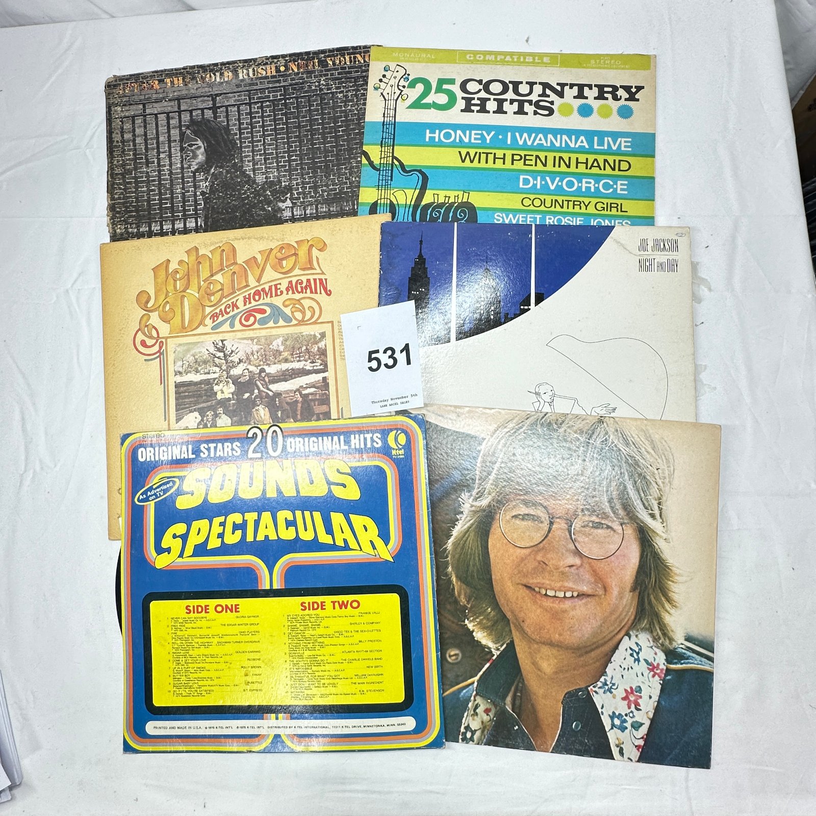 Lot 531: Vinyl LP lot (6): Neil Young "After the Gold Rush", John Denver "Back Home Again", Joe Jackson "Night and Day", plus K-Tel compilations