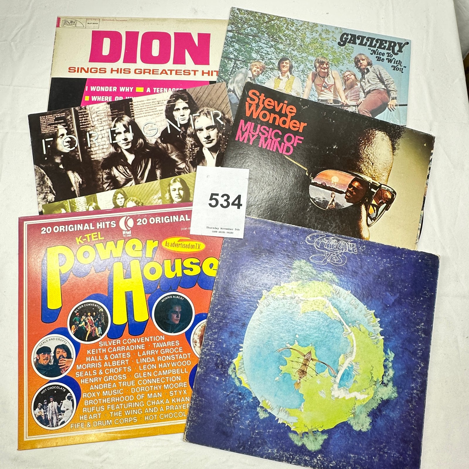 Lot 534: Vinyl LP lot (6): Dion Greatest Hits, Gallery, Foreigner, Stevie Wonder "Music of My Mind", Yes "Fragile", K-Tel Power House