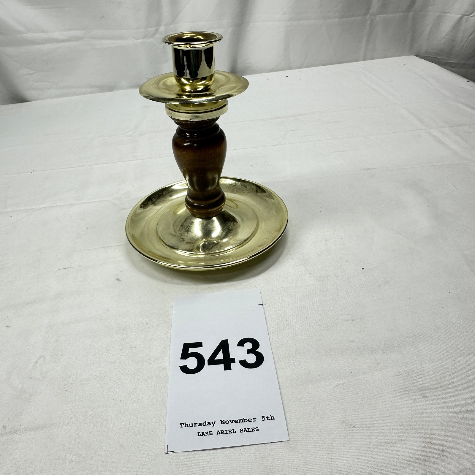 Lot 543: Home Interiors & Gifts brass and wood taper candlestick holder, Made in U.S.A.