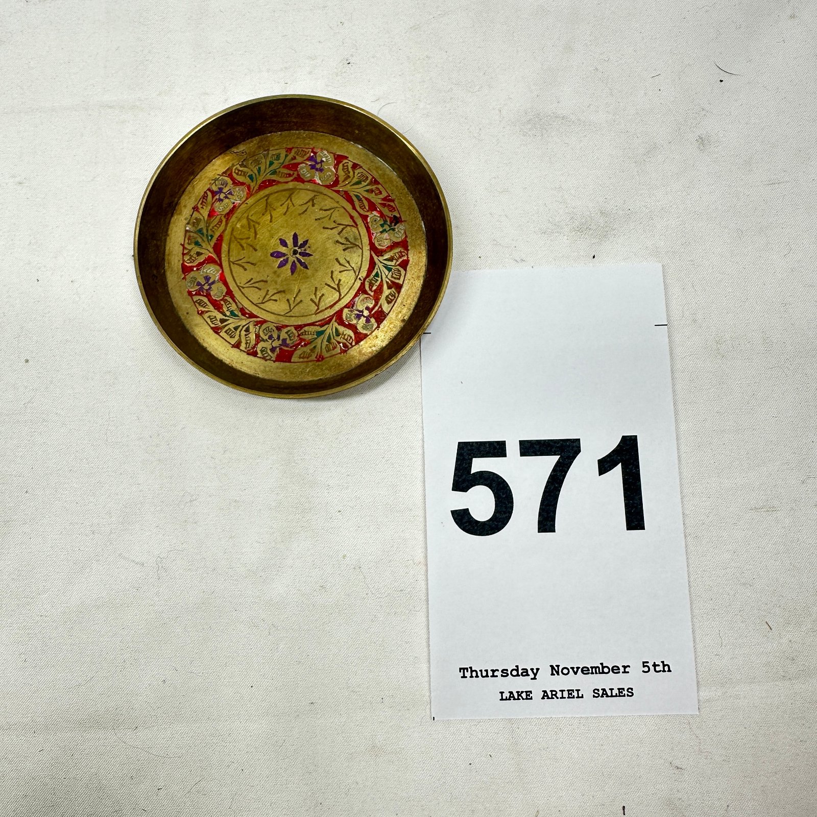 Lot 571: India brass enamel floral mosaic small trinket dish, marked "India 1013/48