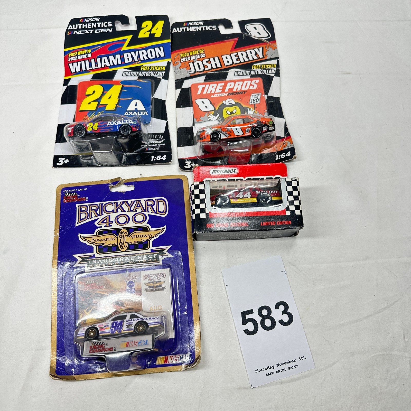 Lot 583: NASCAR diecast 1:64 lot: Byron #24, Josh Berry #8, Racing Champions Brickyard 400 #94, Matchbox Superstars #44 Slim Jim