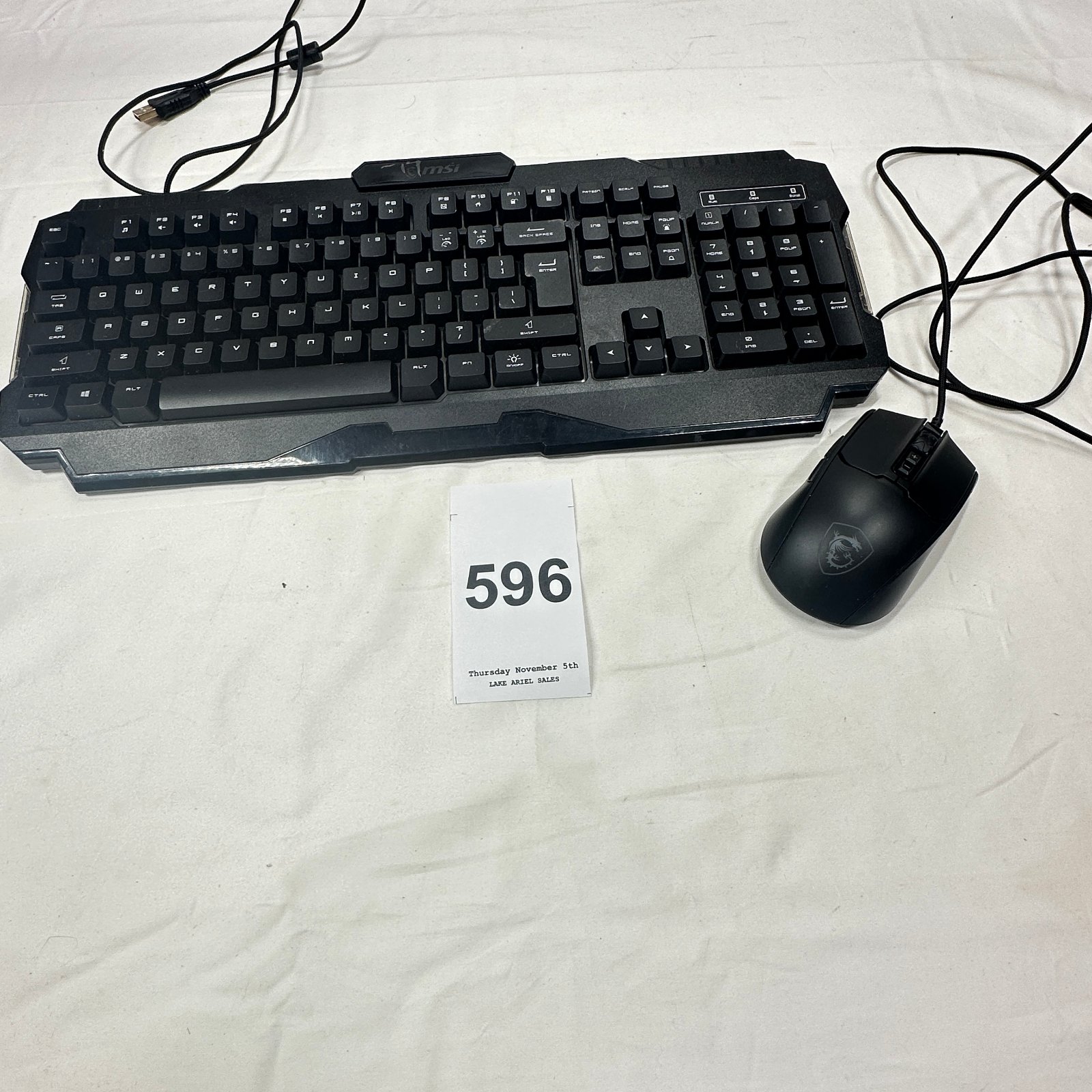 Lot 596: MSI wired gaming keyboard and mouse combo set, full-size numpad