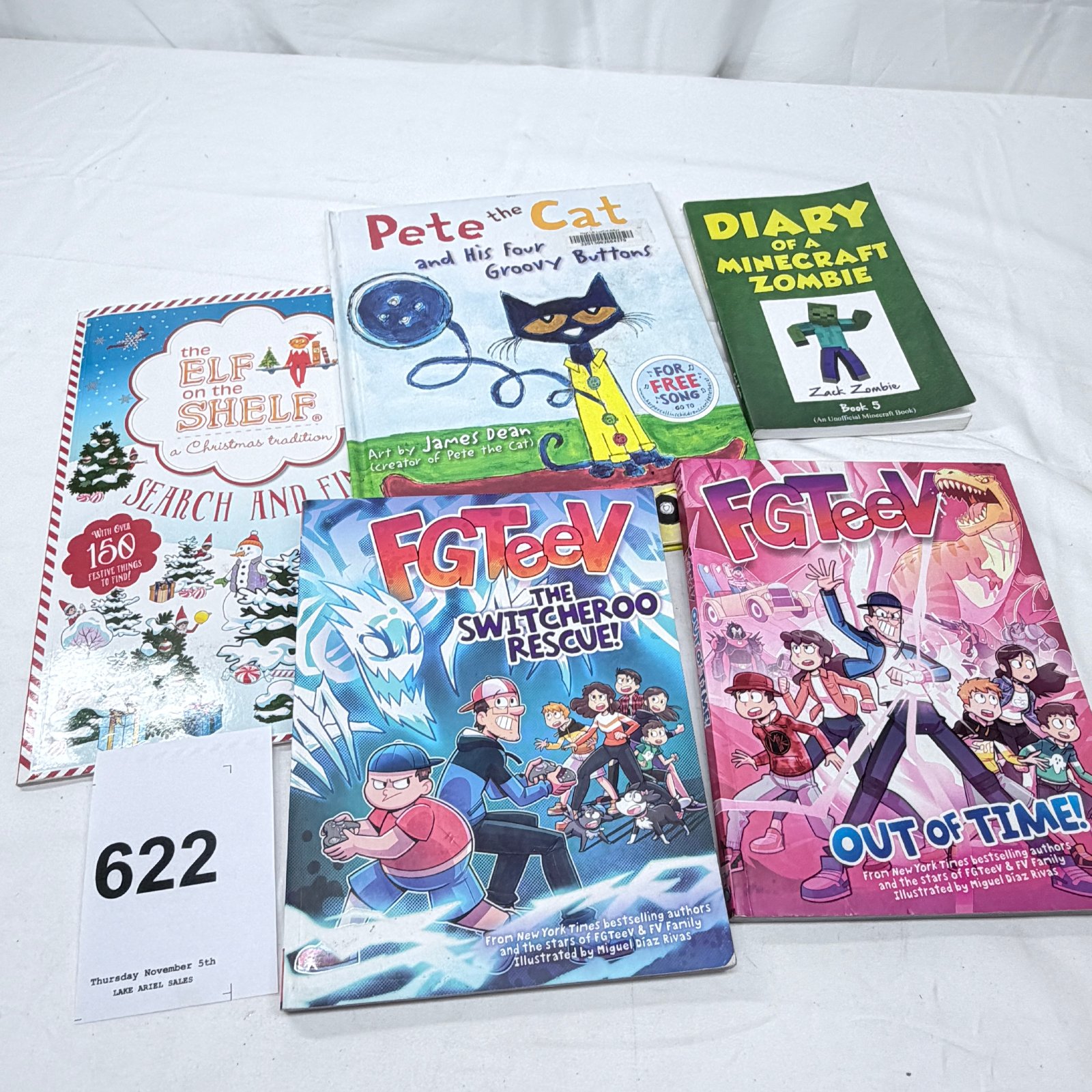 Lot 622: Children's book lot: FGTeeV "Switcheroo Rescue" & "Out of Time", Pete the Cat, Diary of a Minecraft Zombie Bk 5, Elf on the Shelf Search and Find