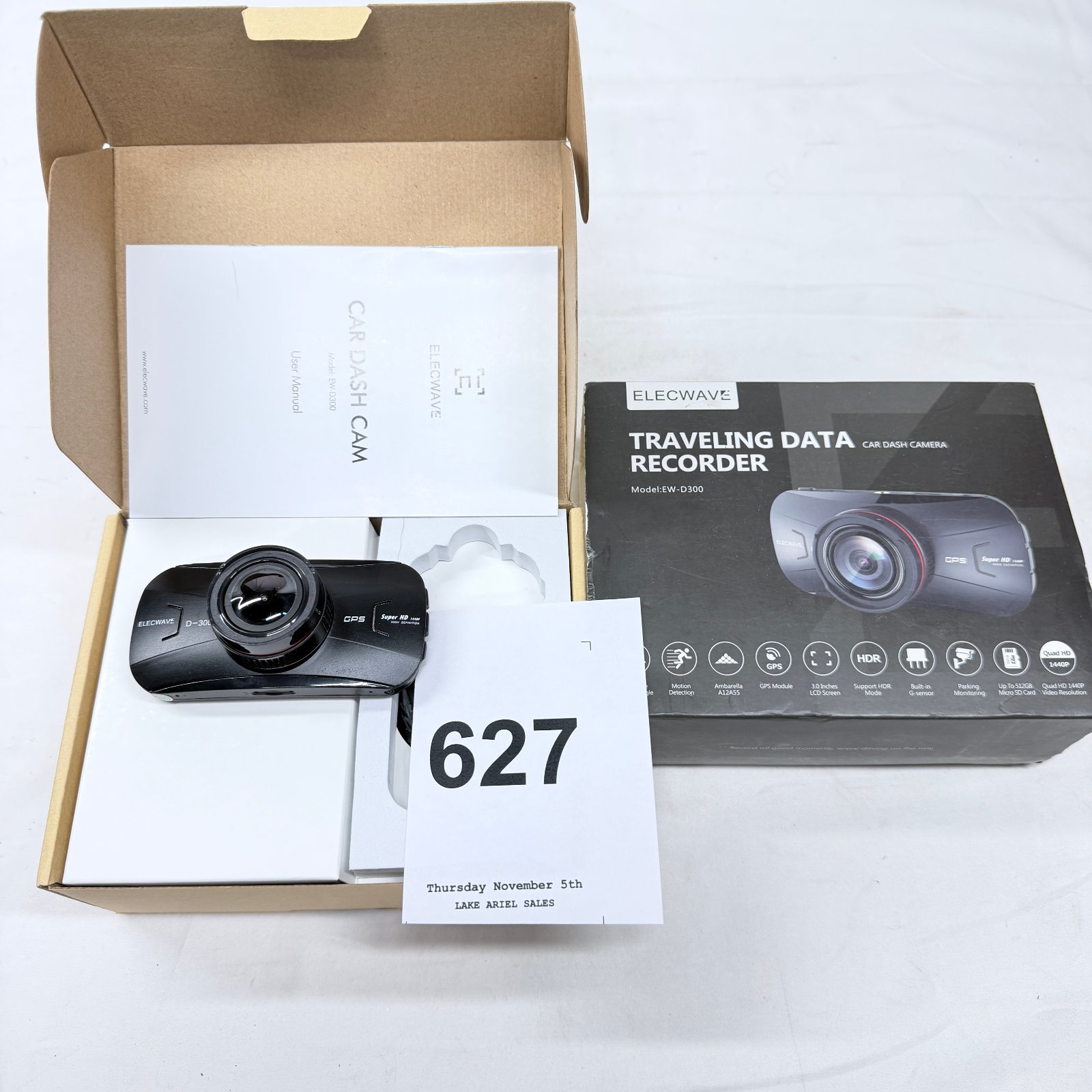 Lot 627: Elecwave Traveling Data Recorder EW-D300 car dash camera, GPS Super HD 1440P, with box
