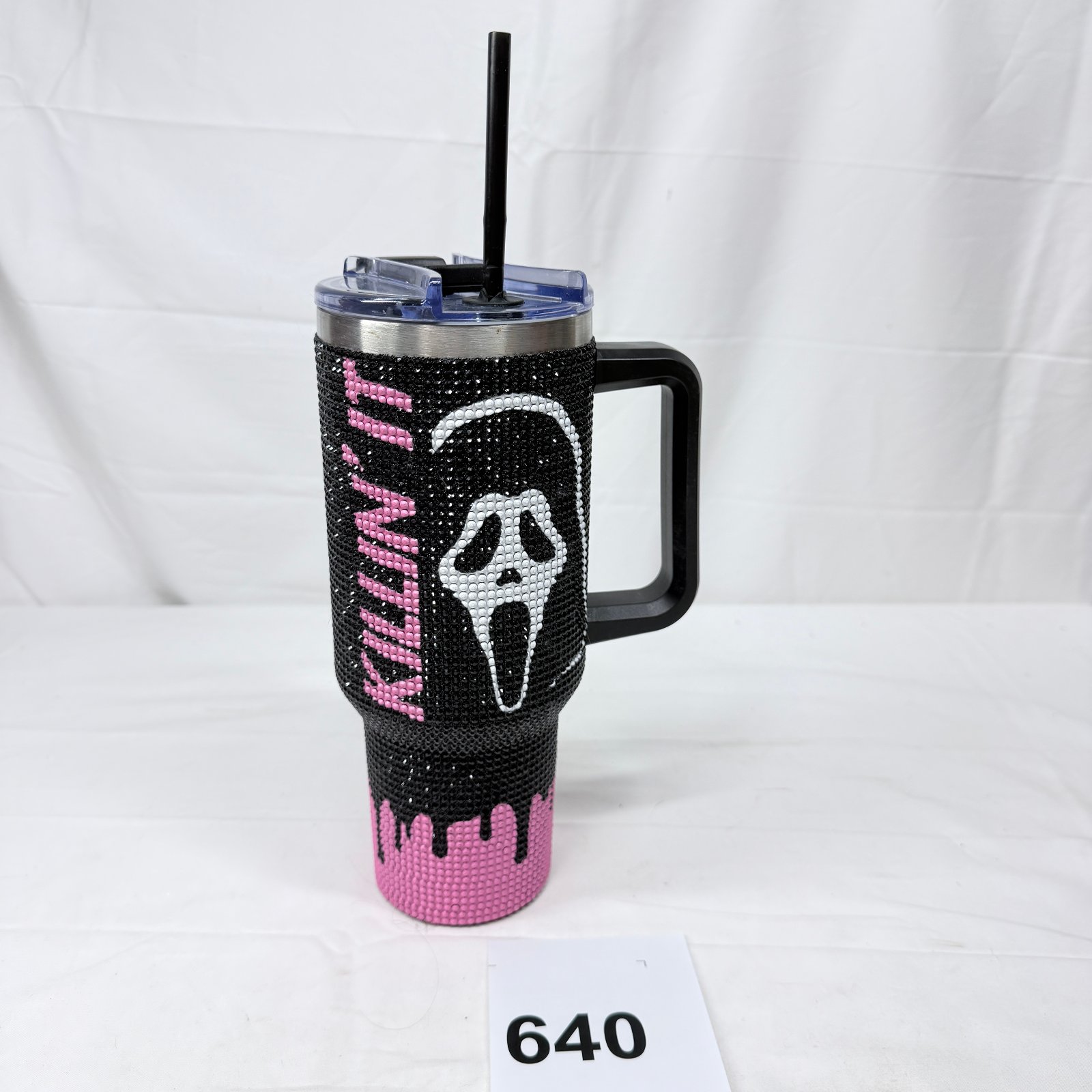 Lot 640: Spencer's Ghost Face "Killin' It" rhinestone 40oz tumbler with handle & straw, Scream horror collection