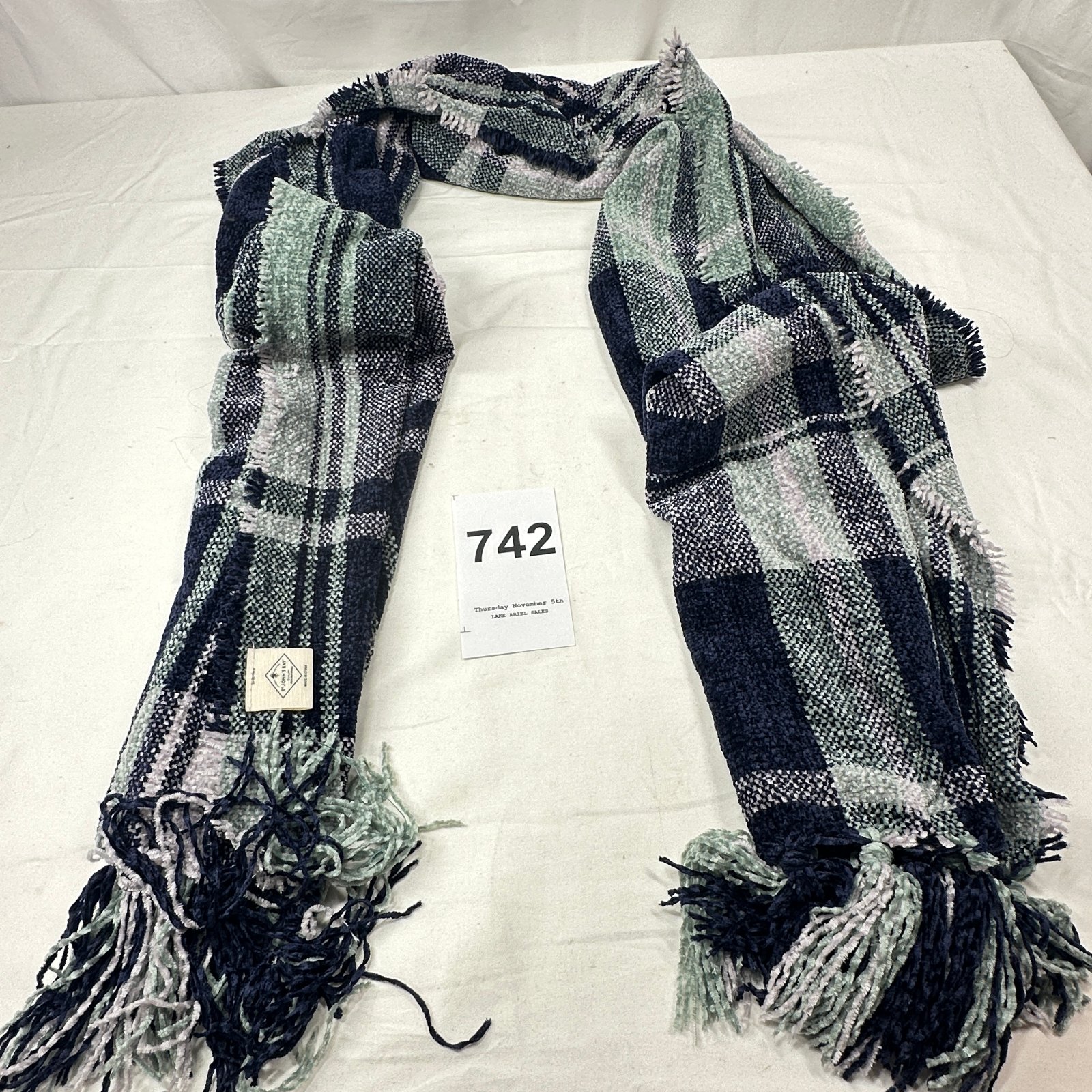 Lot 742: St John's Bay plaid fringed blanket scarf, navy green pink, Made in China