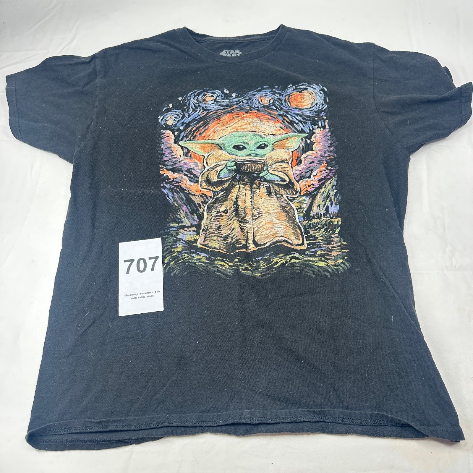 Lot 707: Star Wars "The Child" (Baby Yoda) Starry Night graphic T-shirt, Fifth Sun Mandalorian tee, Size L