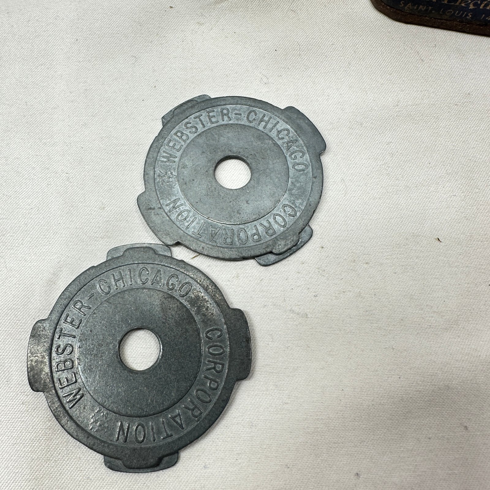 Lot 733: 1950s Wagner Electric "Lockheed" hydraulic brake fluid tin, St. Louis MO, with Webster-Chicago phonograph record adapters