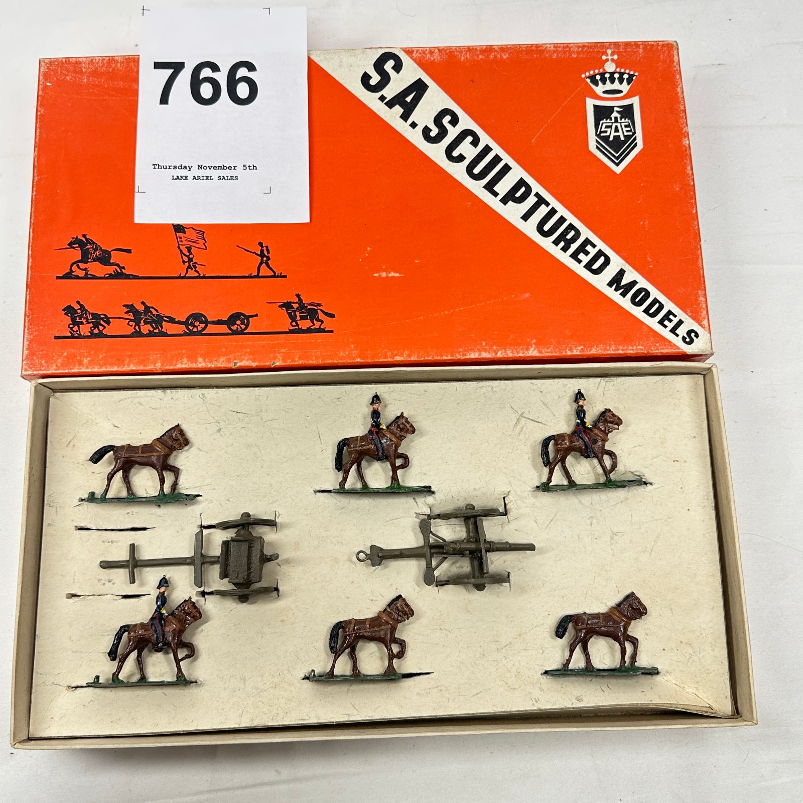 Lot 766: S.A. Sculptured Models mounted cavalry and horse-drawn field gun set, miniature military figures with two cannons, boxed