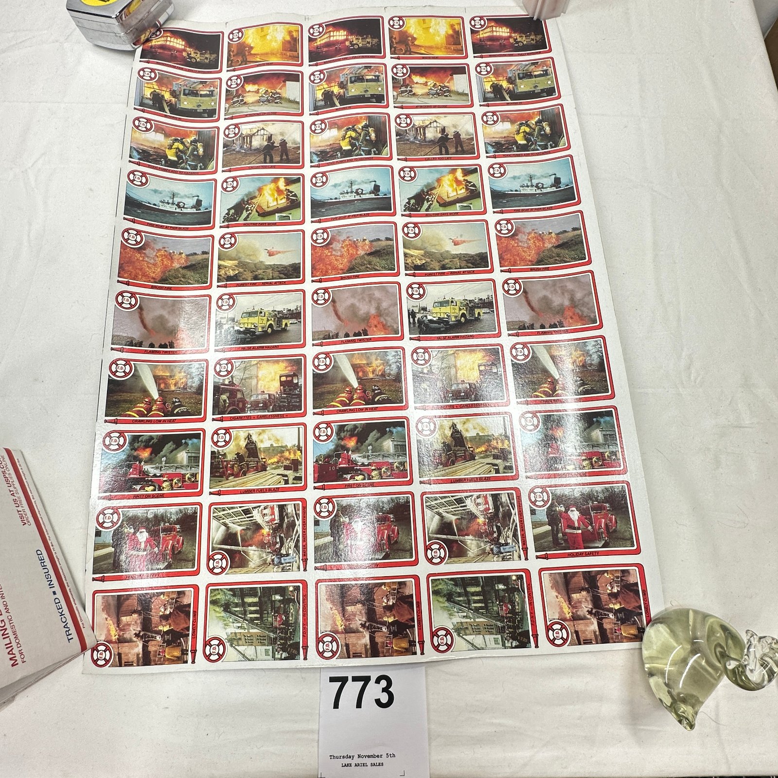 Lot 773: 1986 K.F. Byrnes Ent. Fire Department Safety uncut trading card sheet, 50-card proof sheet with quiz backs