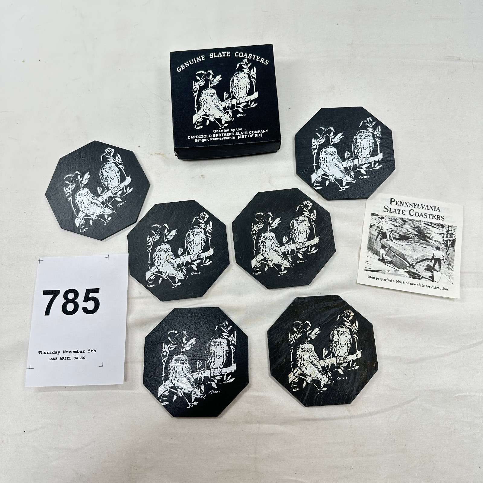 Lot 785: Capozzolo Brothers Slate Company Pennsylvania genuine slate coasters, owl design, set of six with box