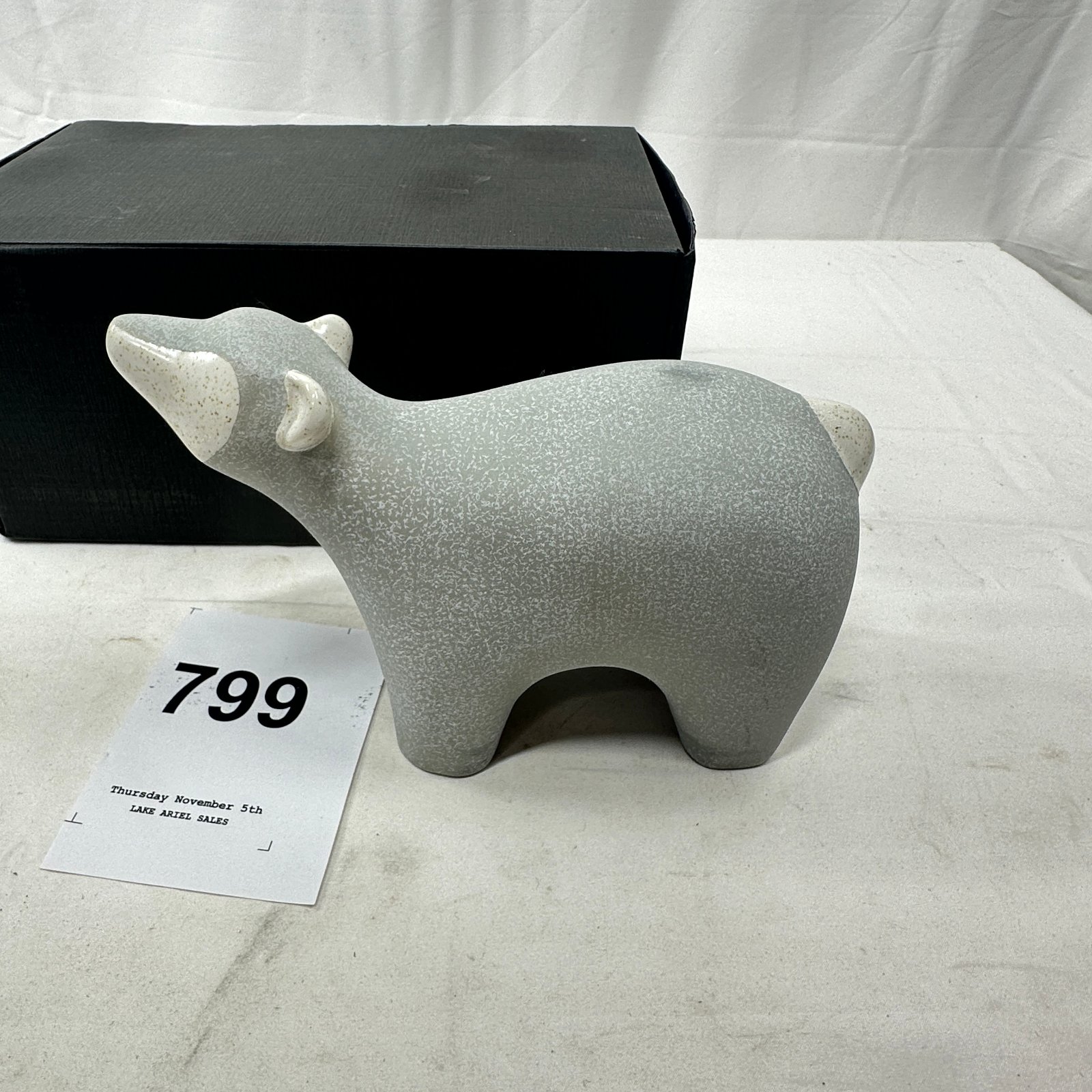Lot 799: Palmero speckled stoneware standing sheep/lamb figurine, grey glazed ceramic sculpture with original box