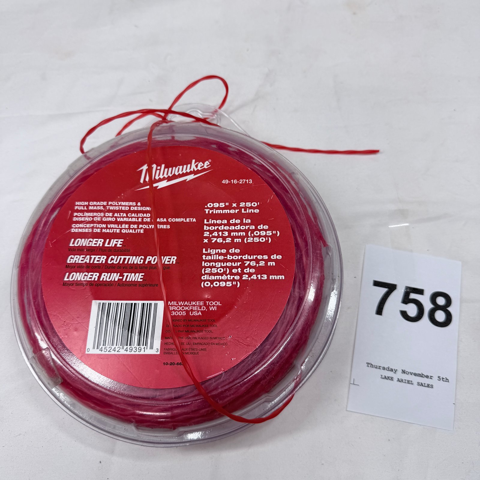Lot 758: Milwaukee 49-16-2713 .095" x 250' trimmer line spool, red twisted polymer