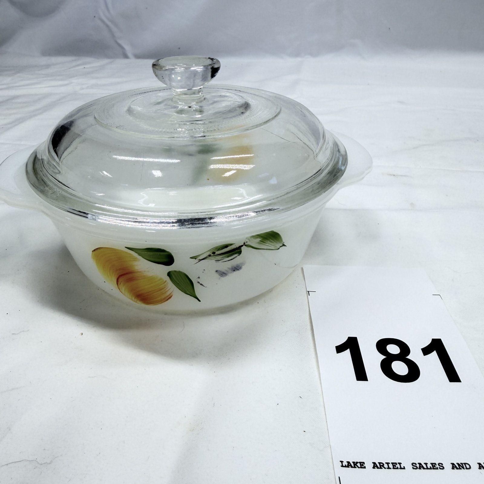 Lot 181: 1960s Fire-King "Gay Fad" Fruits casserole dish with glass lid, 1.5-quart, Anchor Hocking