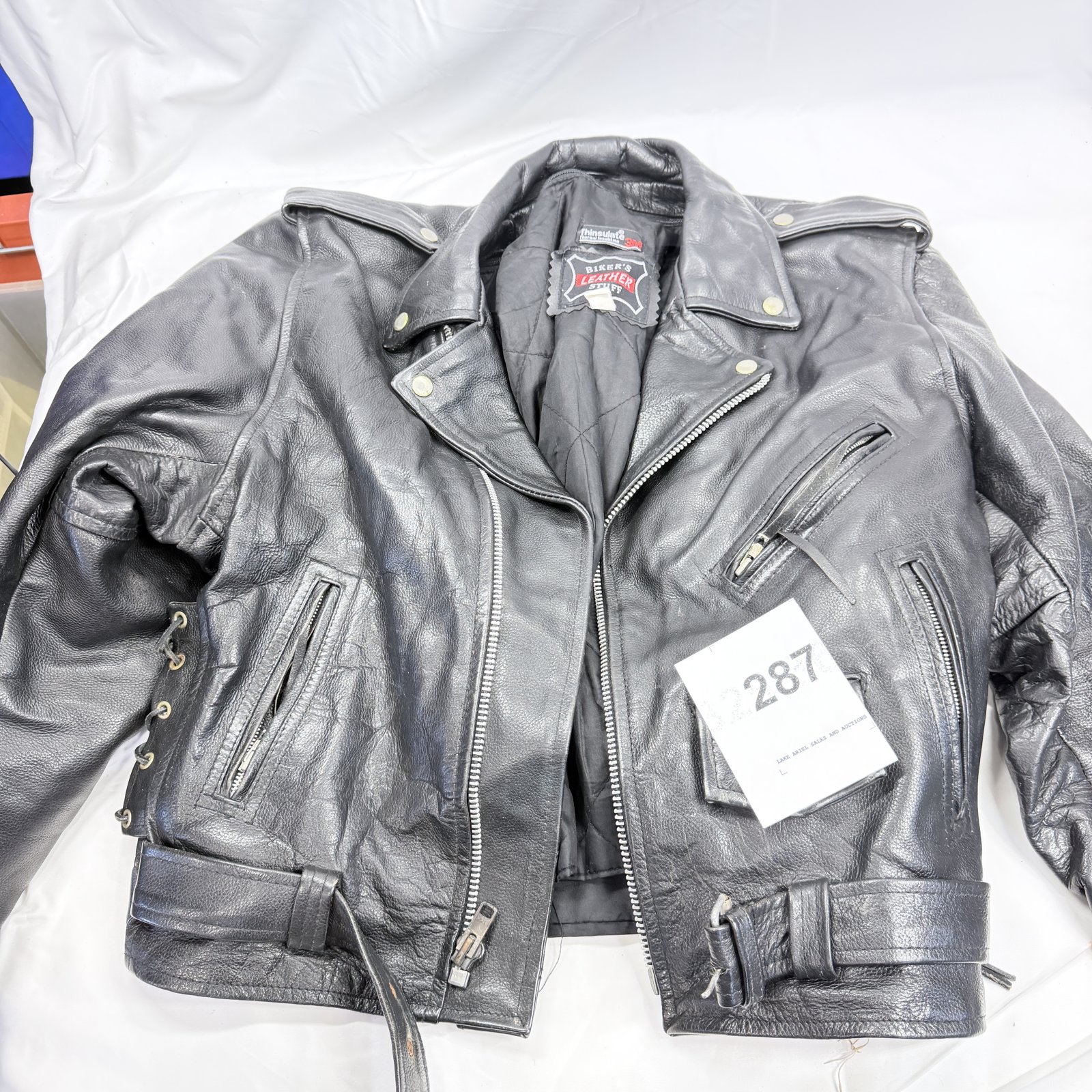 Lot 287: Biker's Leather Stuff men's black leather motorcycle jacket, size 46, Thinsulate lining, made in Pakistan