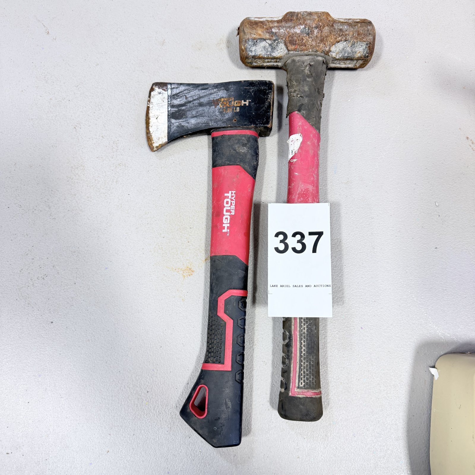 Lot 337: Hyper Tough 1.25lb hatchet axe and 4lb sledgehammer, tool lot of 2