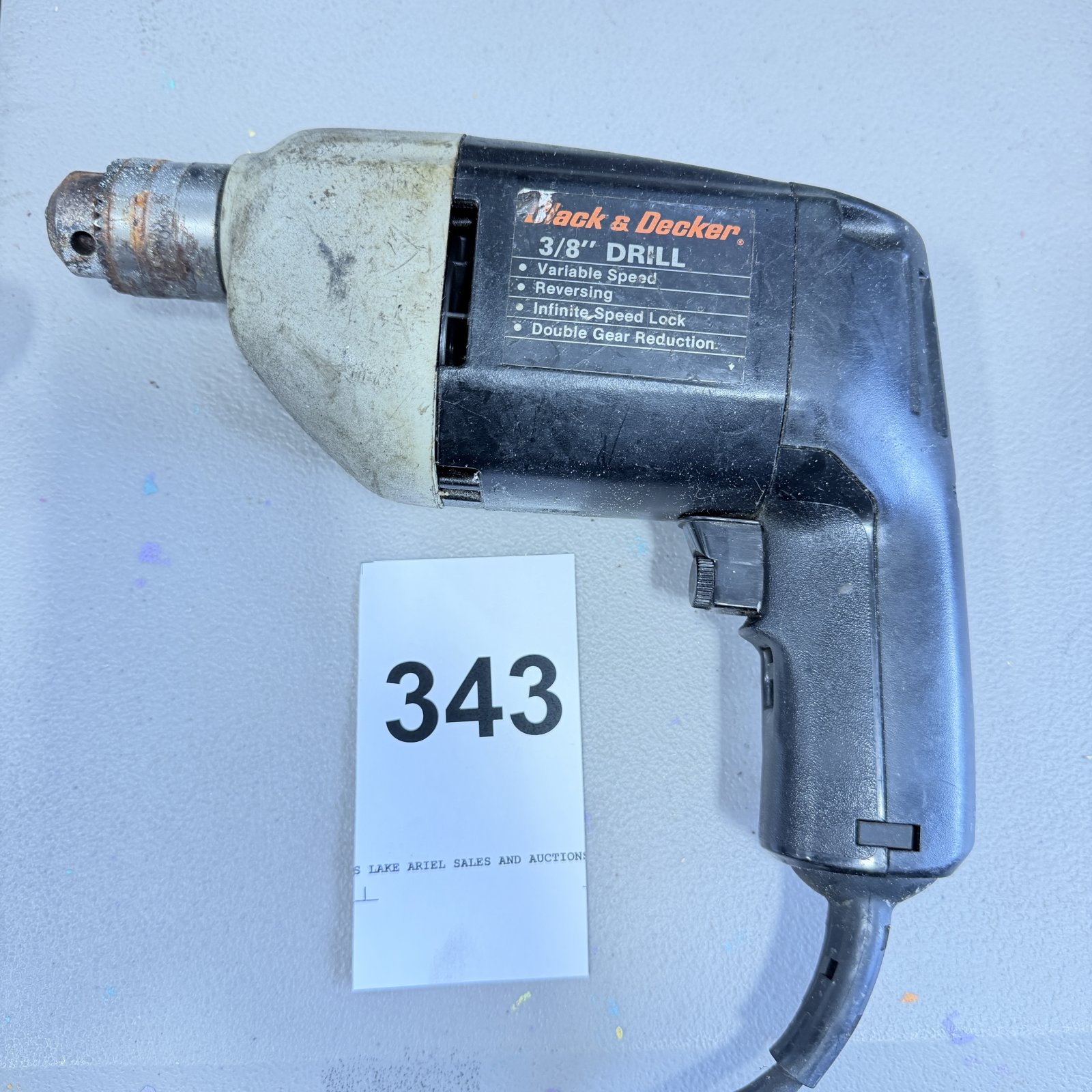 Lot 343: Black & Decker 3/8" corded electric drill, Variable Speed Reversing Double Gear Reduction model