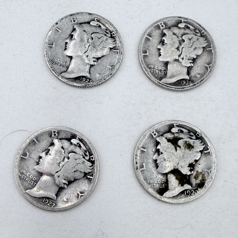 Lot 107: Four Mercury Silver Dimes 1920s-1930s Circulated Condition