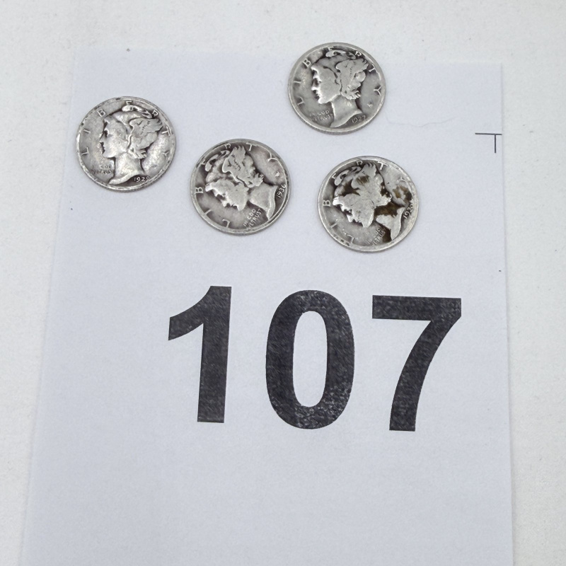 Lot 107: Four Mercury Silver Dimes 1920s-1930s Circulated Condition